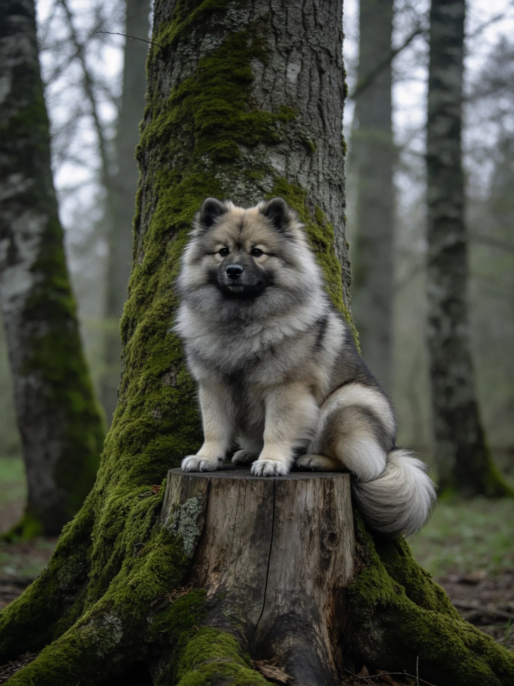 A fluffy dogsits on a mossy tree stump amid tall forest trees.