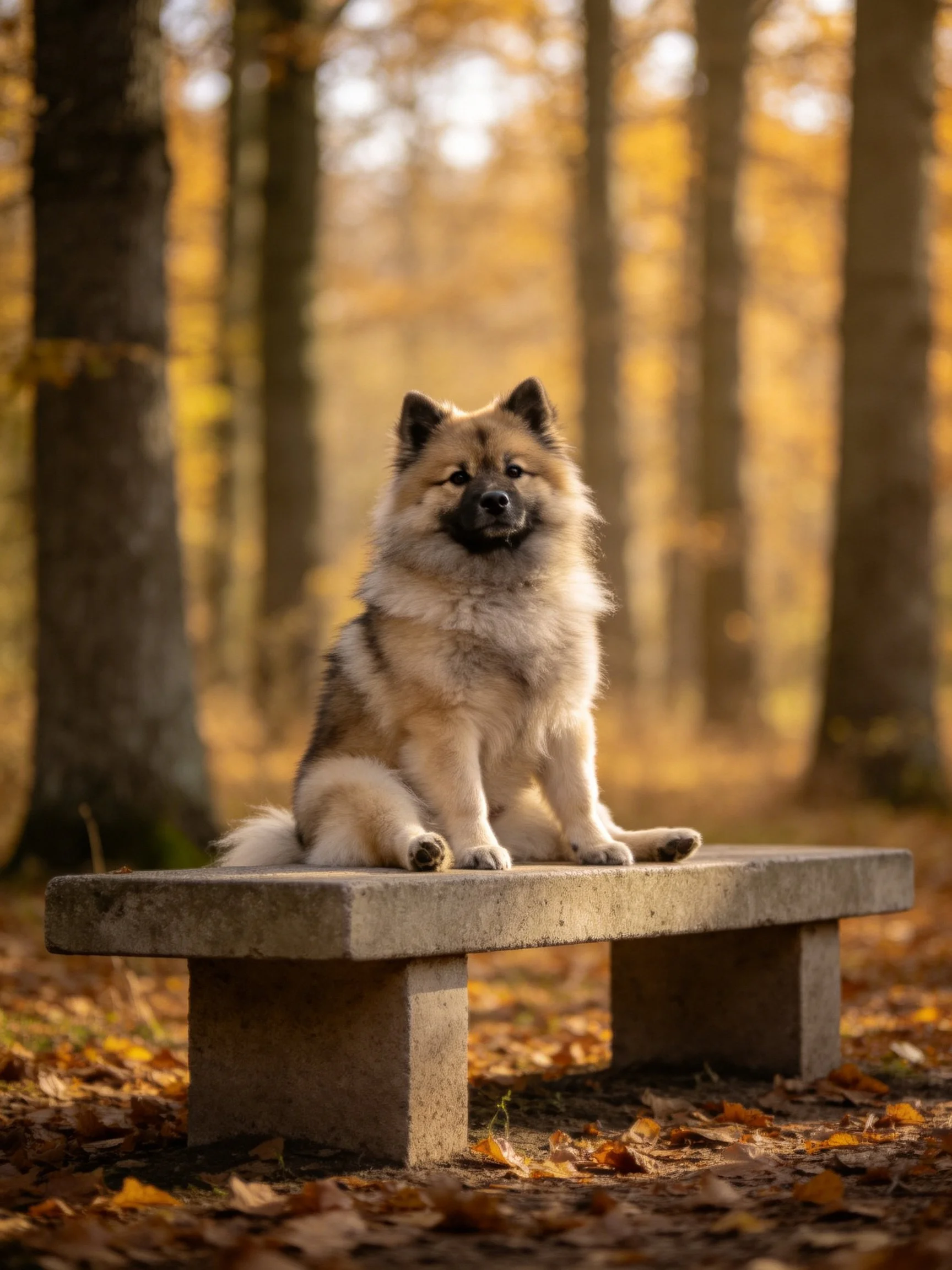 A fluffy dog sits on a stone bench in golden autumn woods