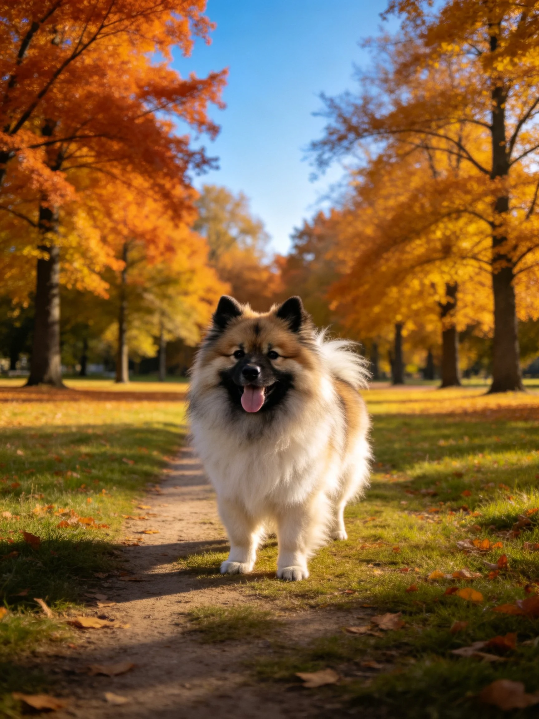 A fluffy dog stands on a sunlit dirt path surrounded by golden autumn trees.