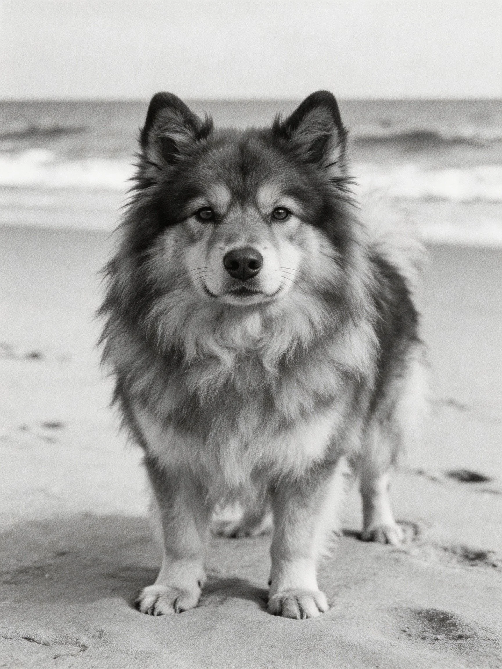 A fluffy dog stands on a sandy beach near the ocean