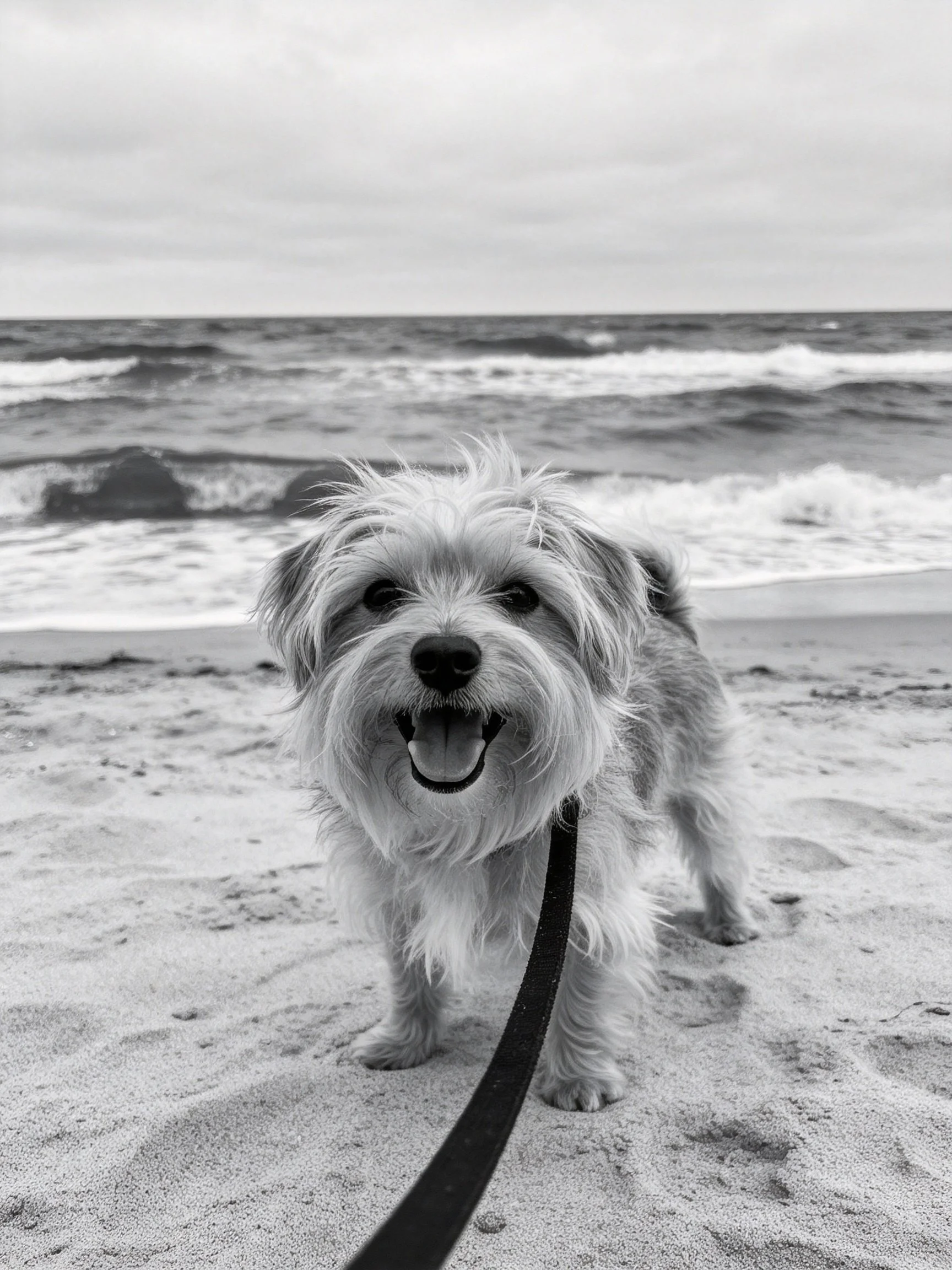 A small, fluffy dog stands on sand with ocean waves in the background.