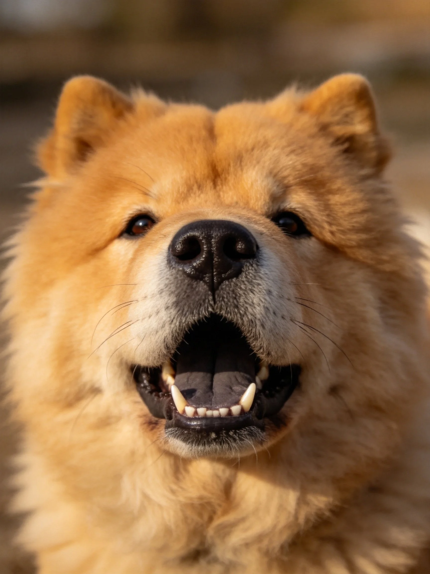 A fluffy golden Chow dog with an open mouth