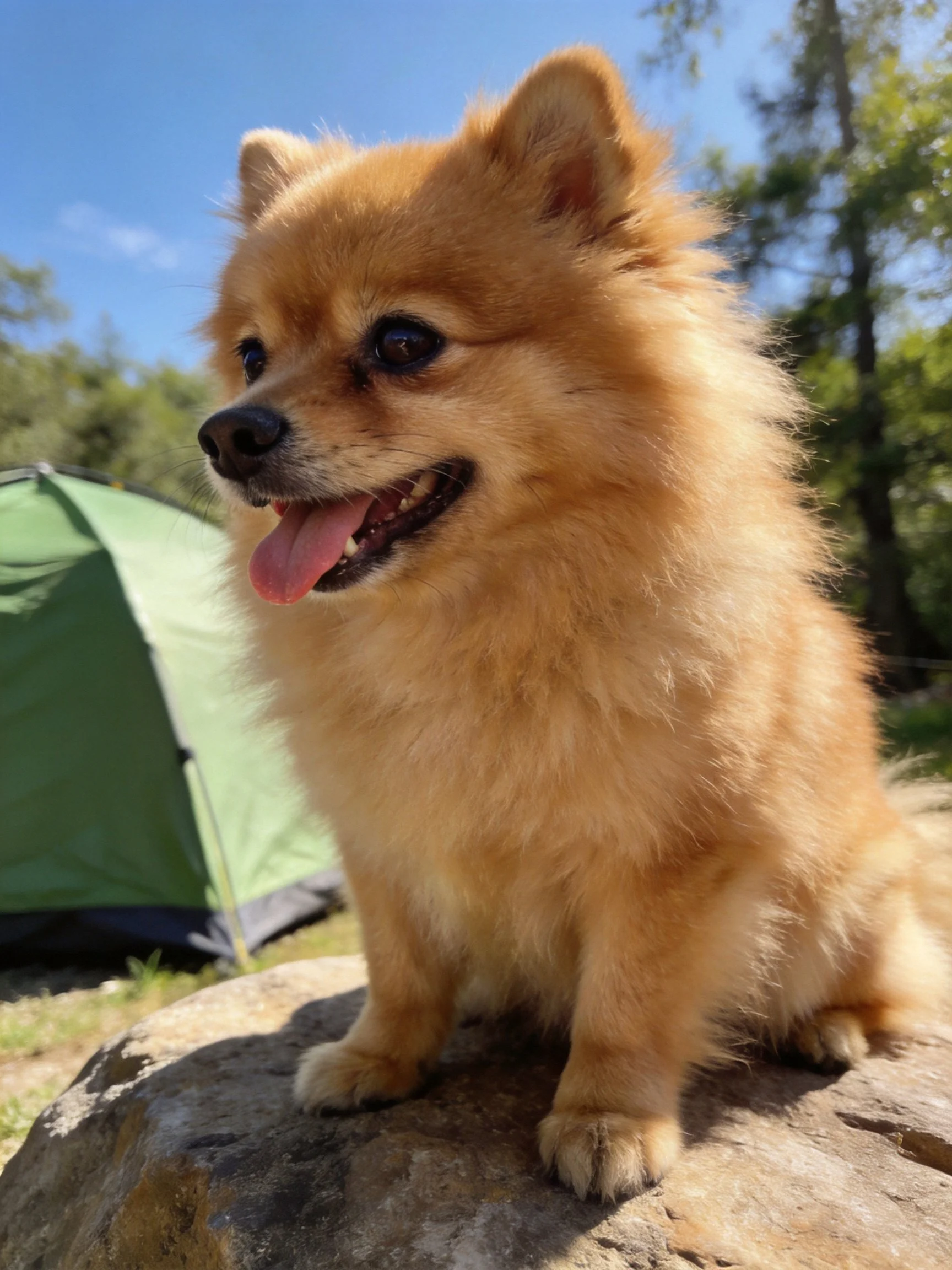 A fluffy golden Pomeranian sits on a rock outdoors near a green tent.