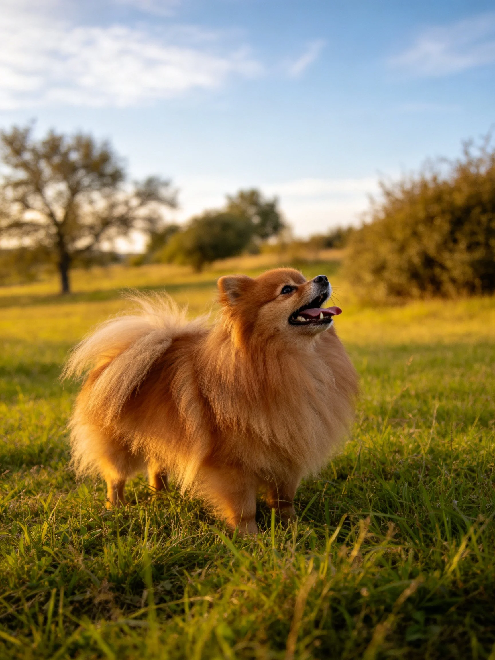 A fluffy golden Pomeranian enjoys a sunlit meadow setting.