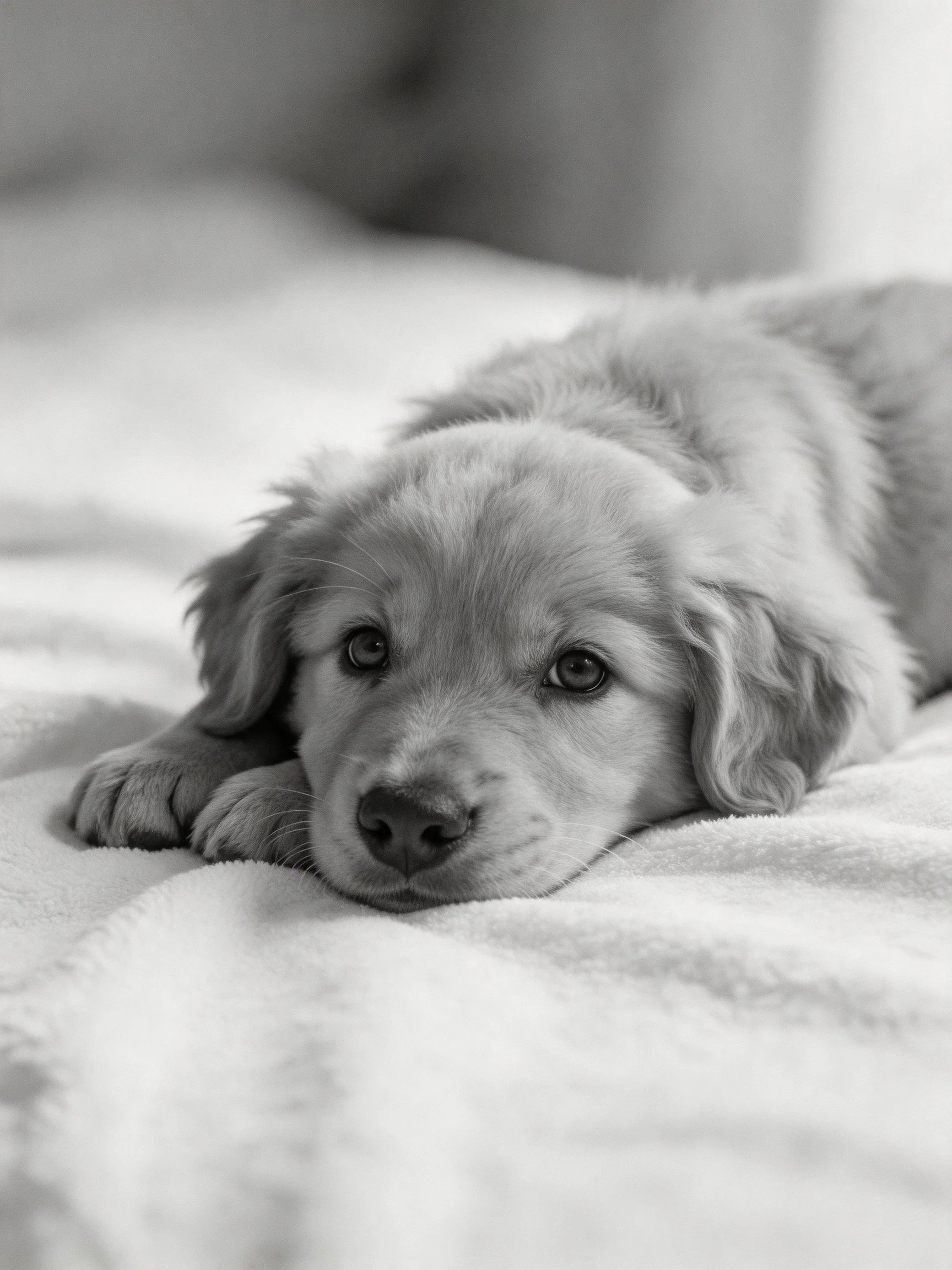 A golden retriever puppy rests on soft fabric.