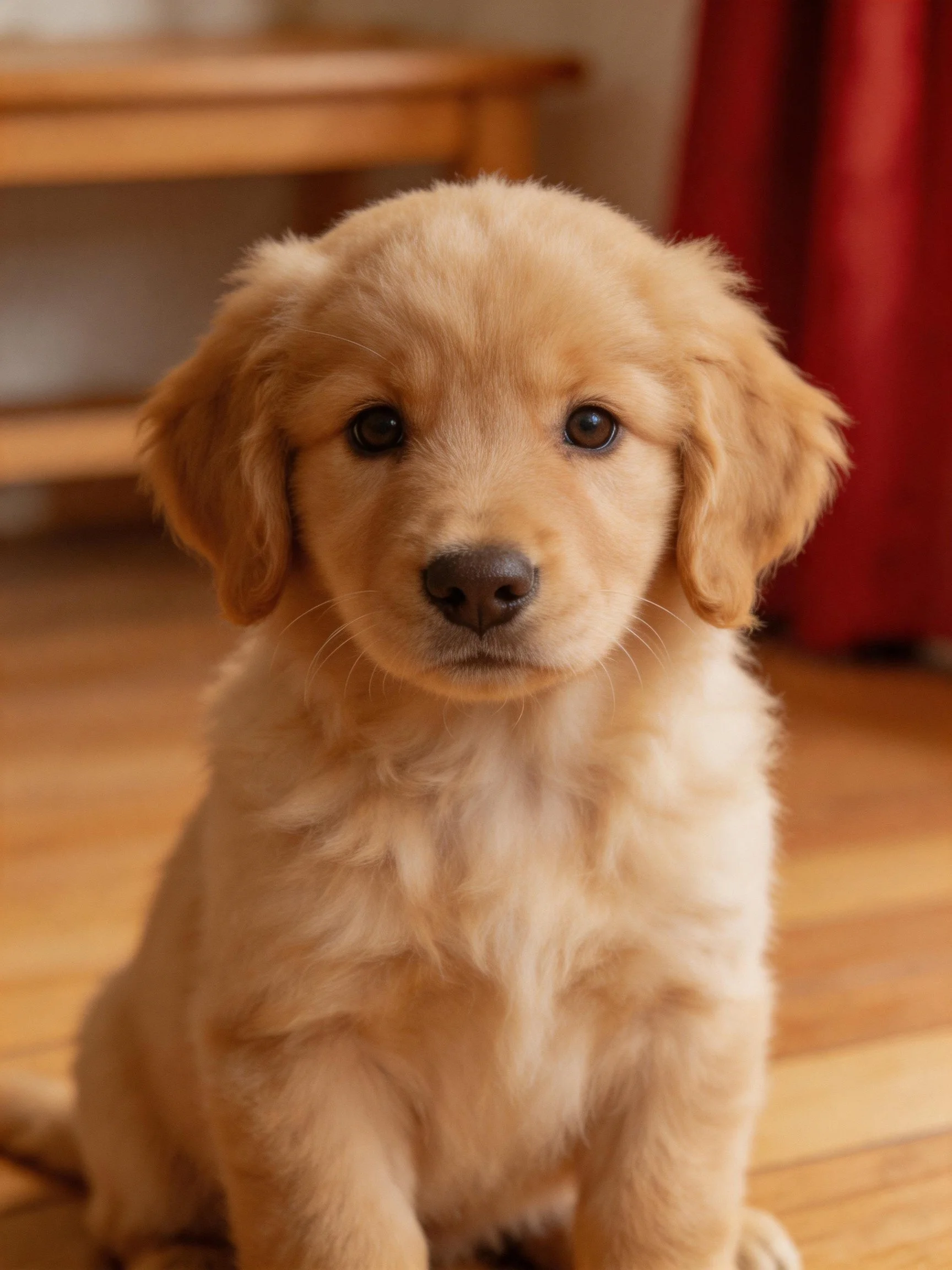 A golden retriever puppy sits on a wooden floor in a cozy indoor setting.