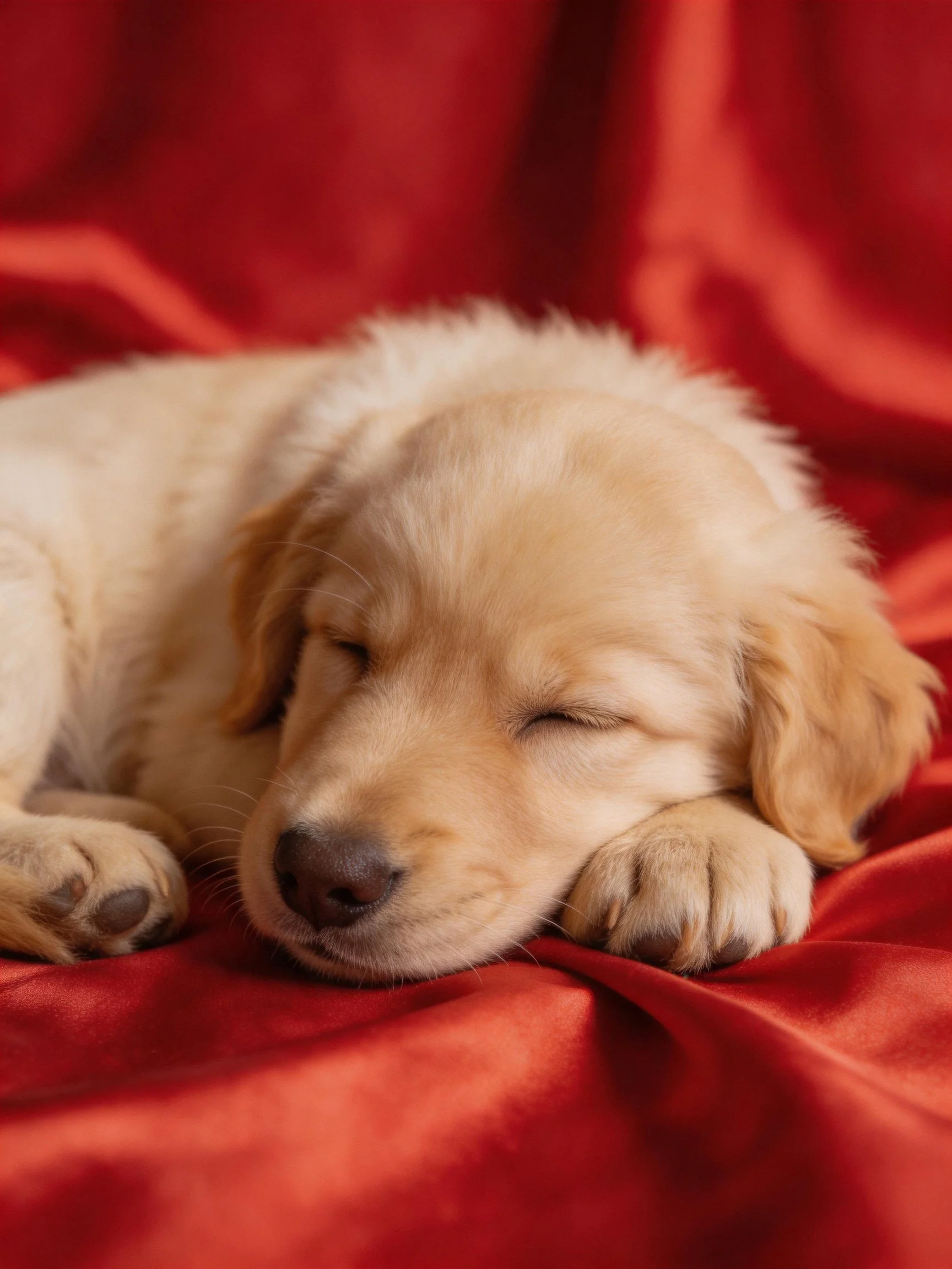 Golden retriever puppy rests peacefully on red fabric