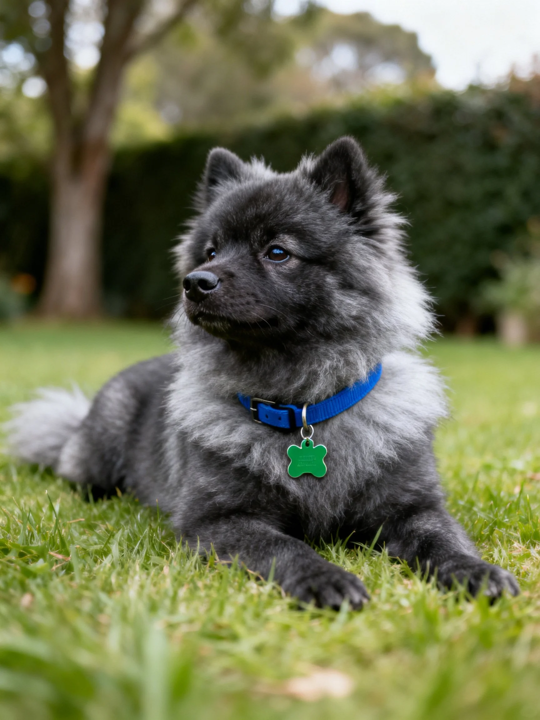 A gray and black fluffy dog relaxes on grass while wearing a blue collar.