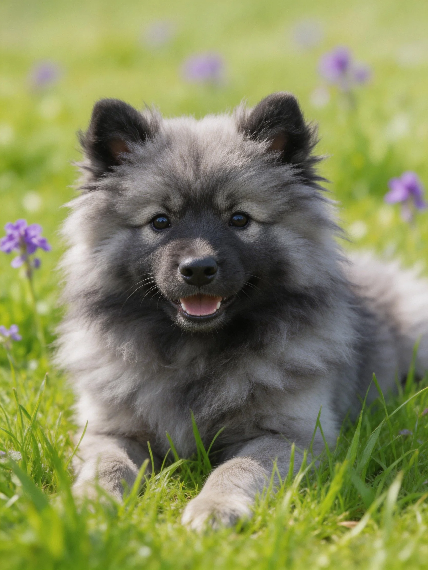 A fluffy gray and black dog relaxes on green grass amid purple wildflowers.
