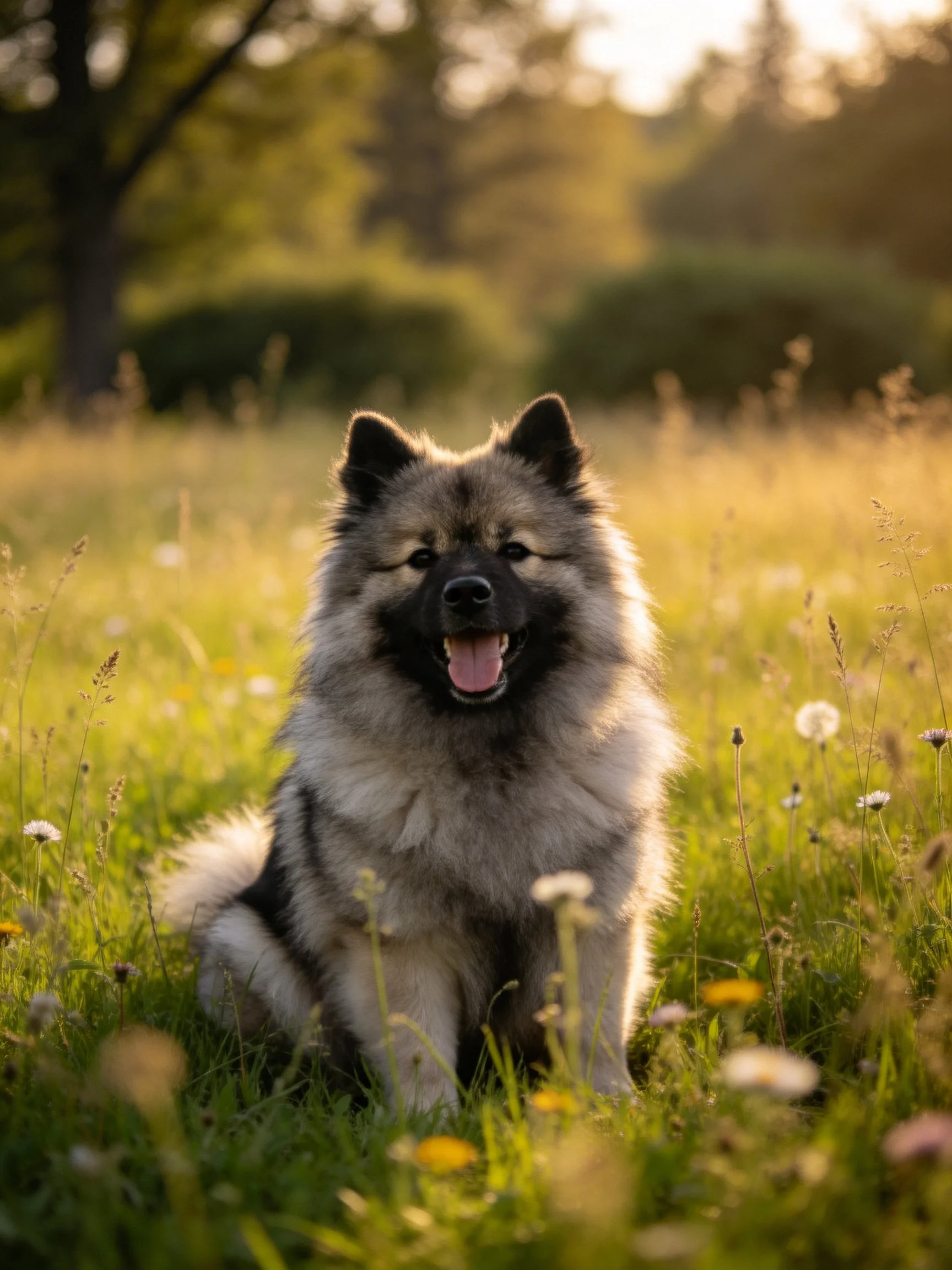 A content dog relaxes in a sun-drenched meadow with wildflowers