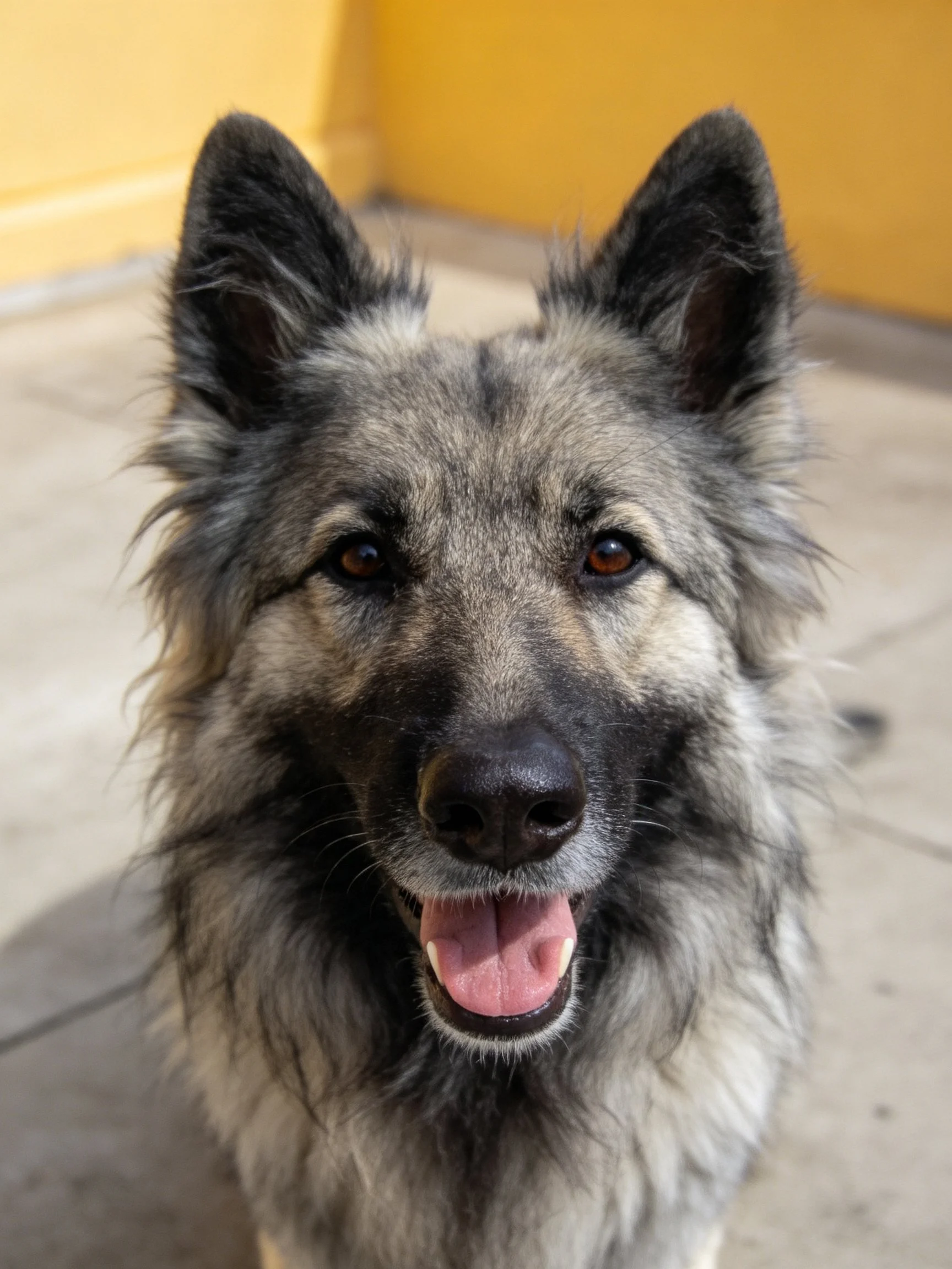 A close - up of a cheerful fluffy gray and black dog.