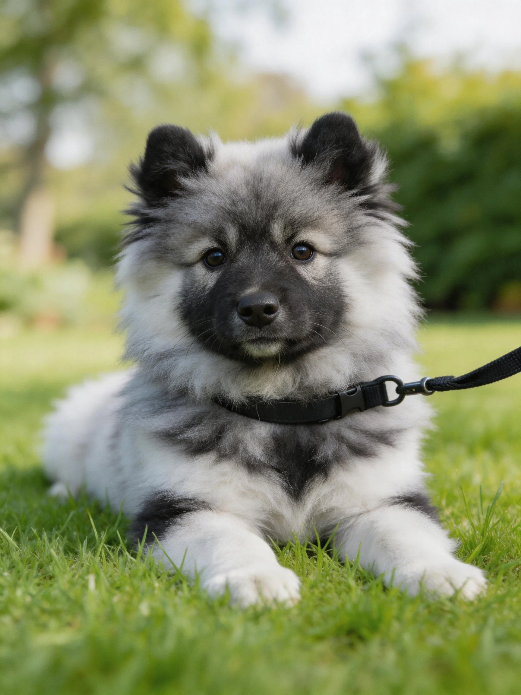 A fluffy gray and black puppy rests peacefully on lush green grass.
