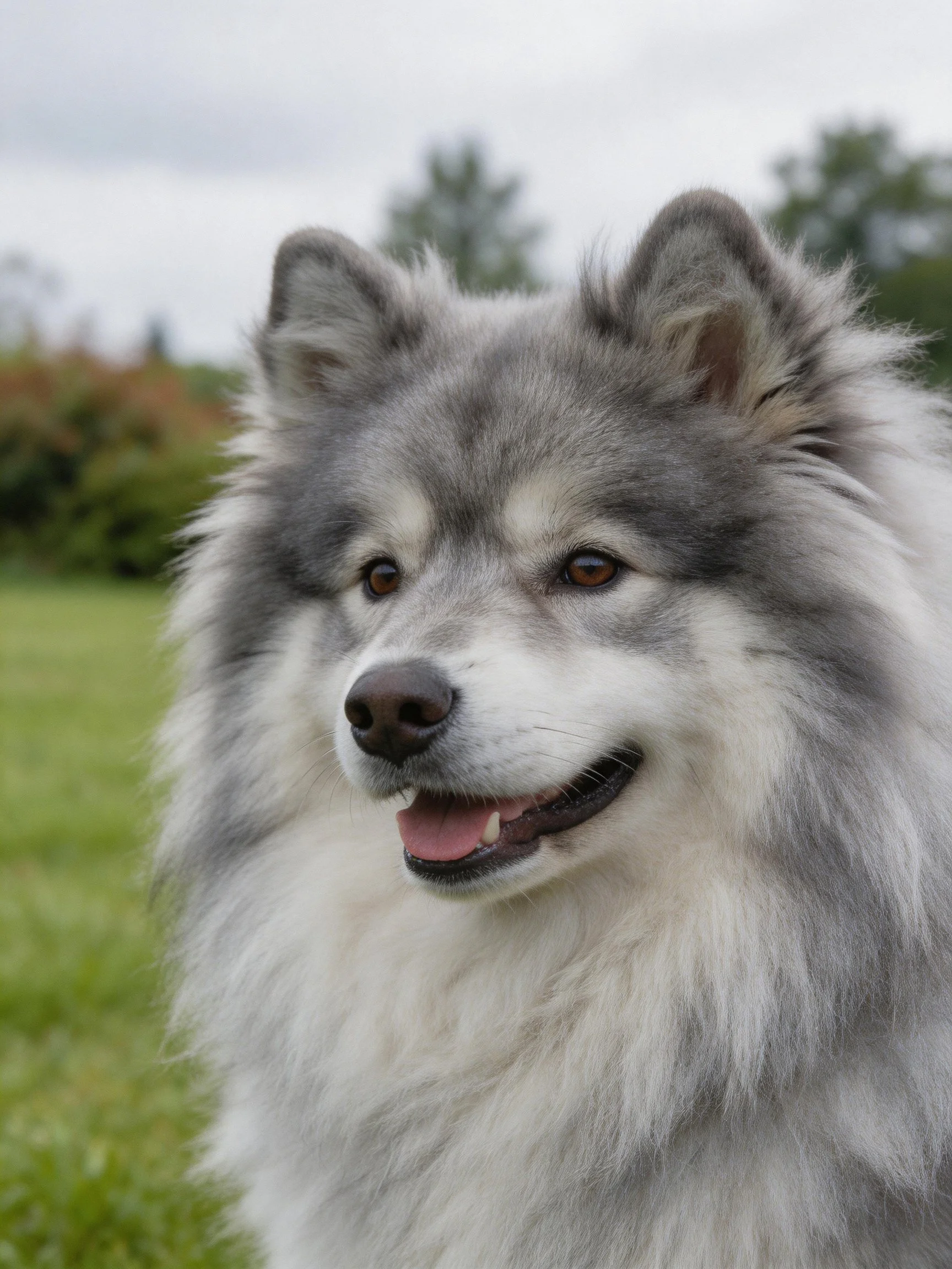 A fluffy gray and white dog in a grassy outdoor area