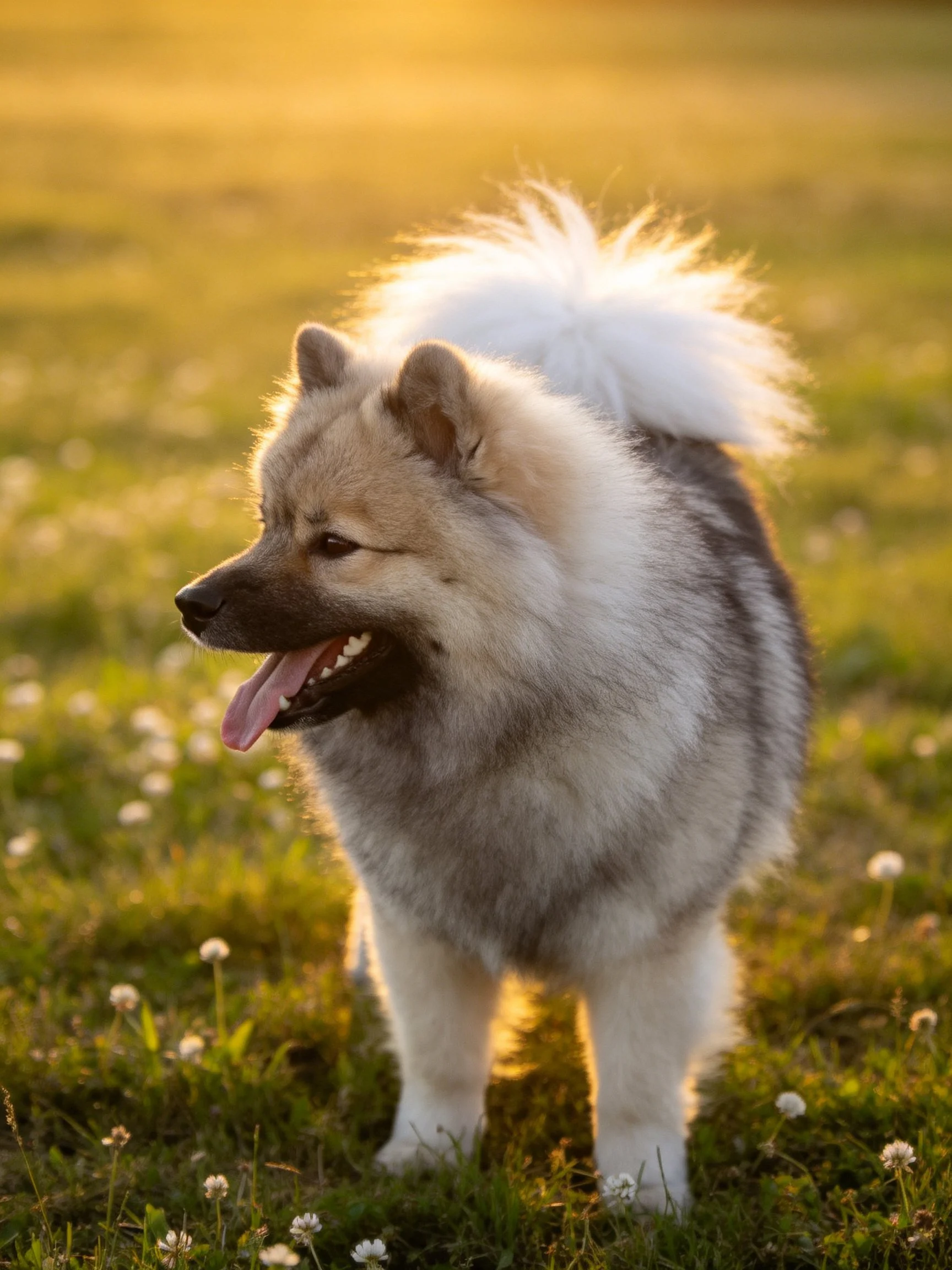 A fluffy gray and white dog stands happily in a sunlit meadow.