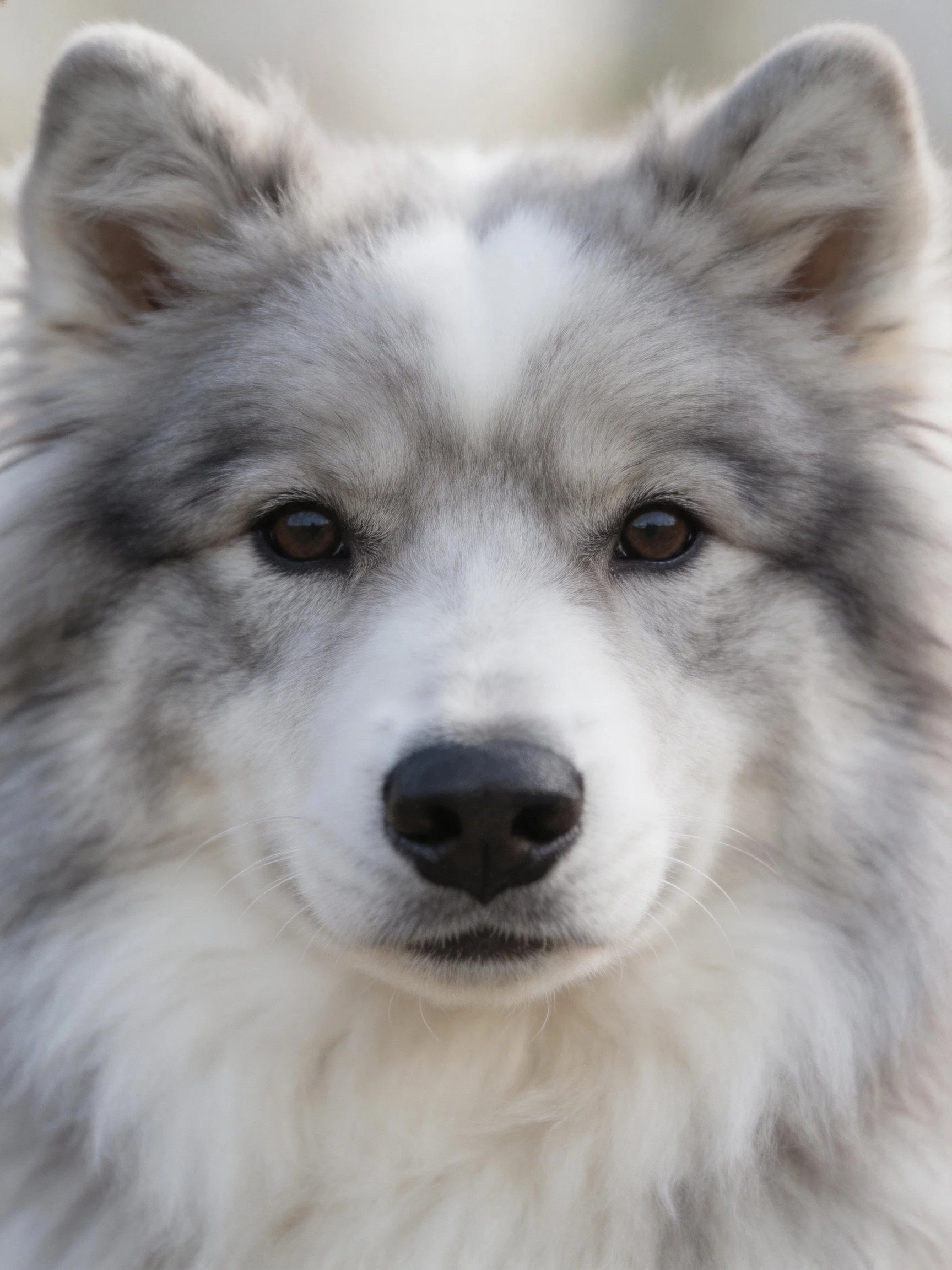 Close-up view of a fluffy gray and white dog with pointed ears.