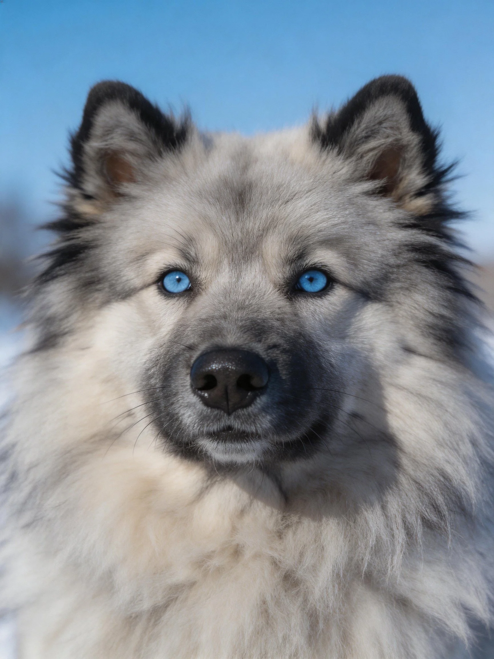 A close - up of a fluffy gray and white dog with bright blue eyes.