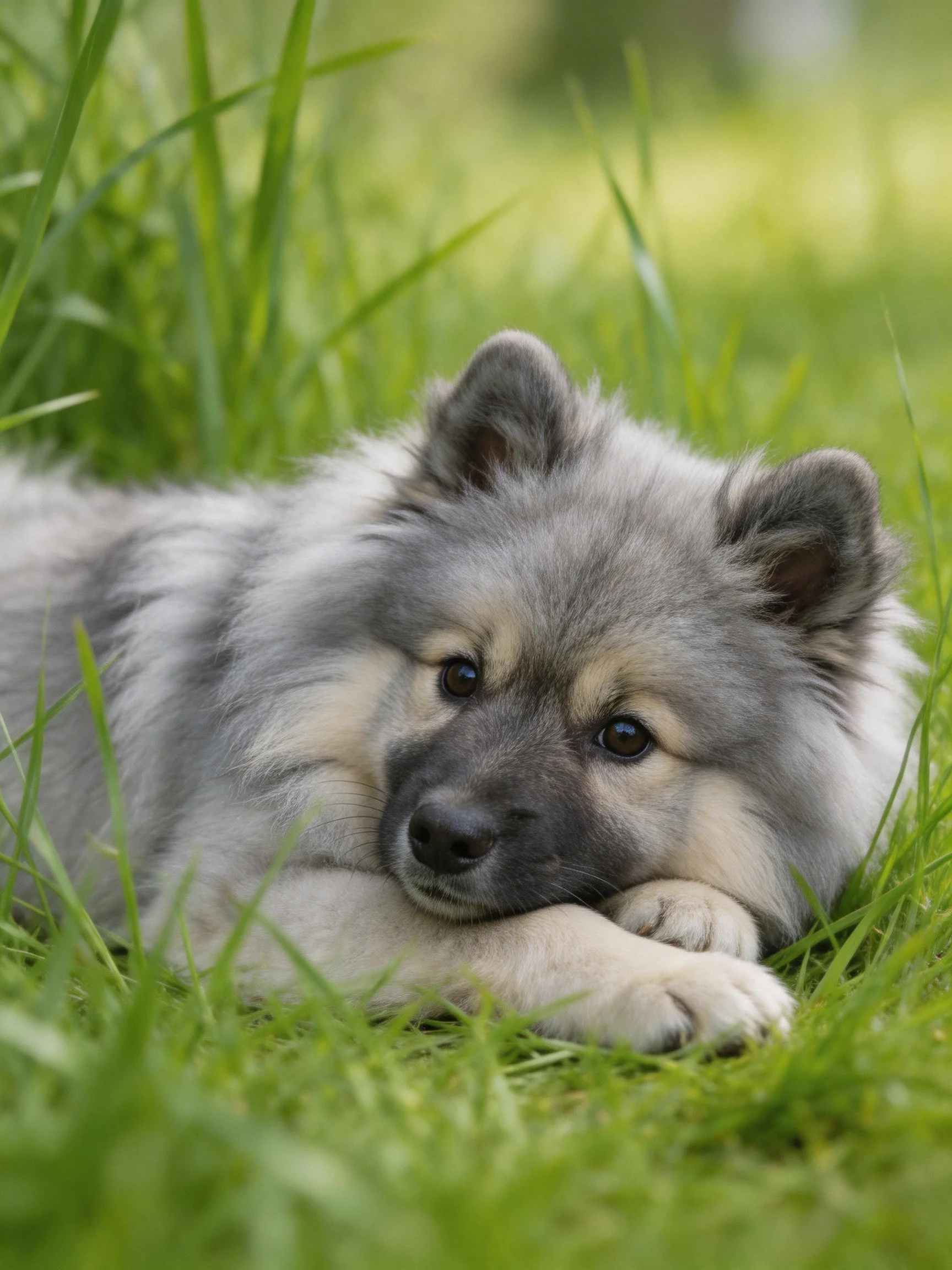 A fluffy gray and white puppy relaxes in a field of tall green grass.