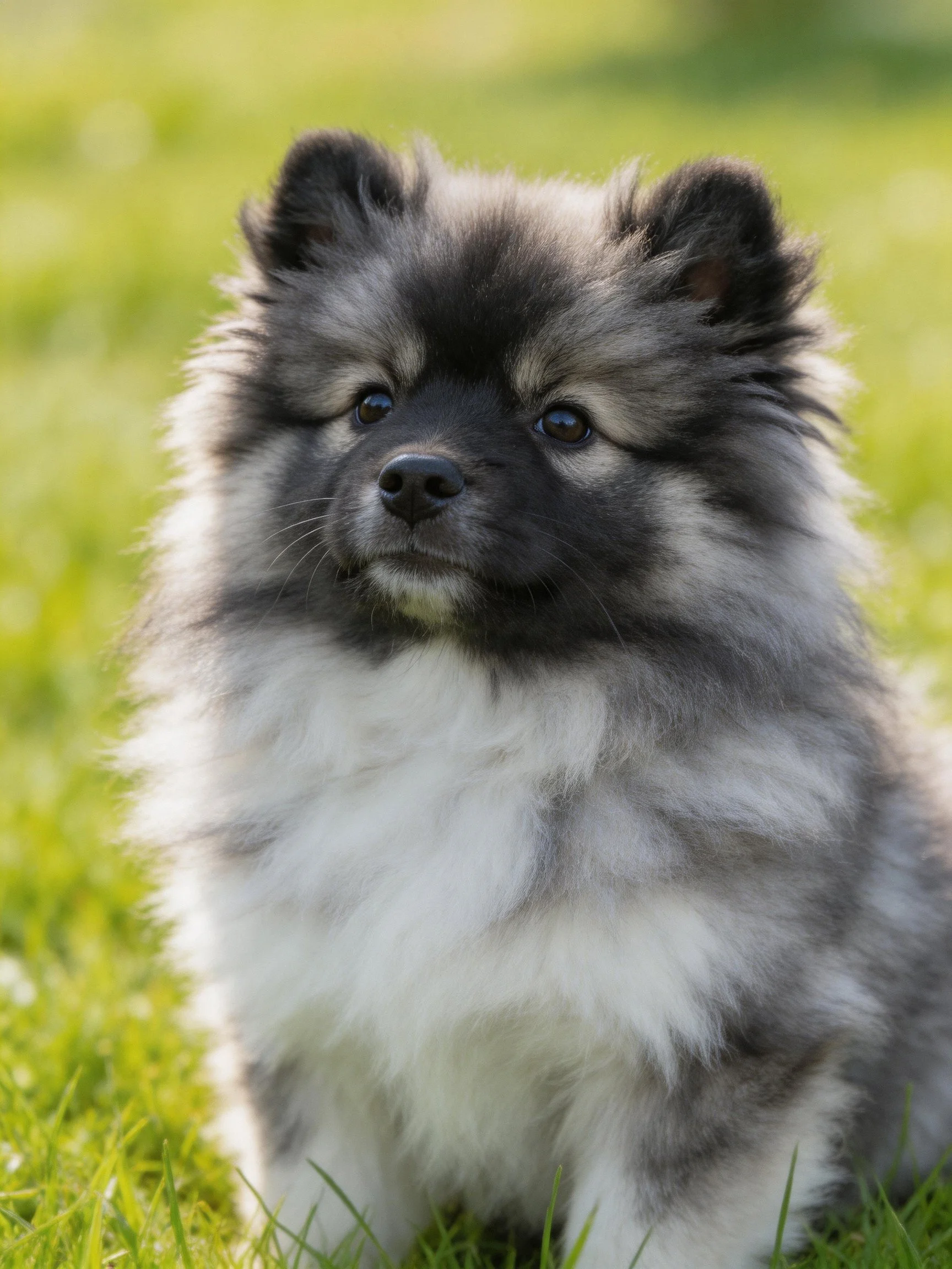 A fluffy gray and white puppy sits calmly on green grass.