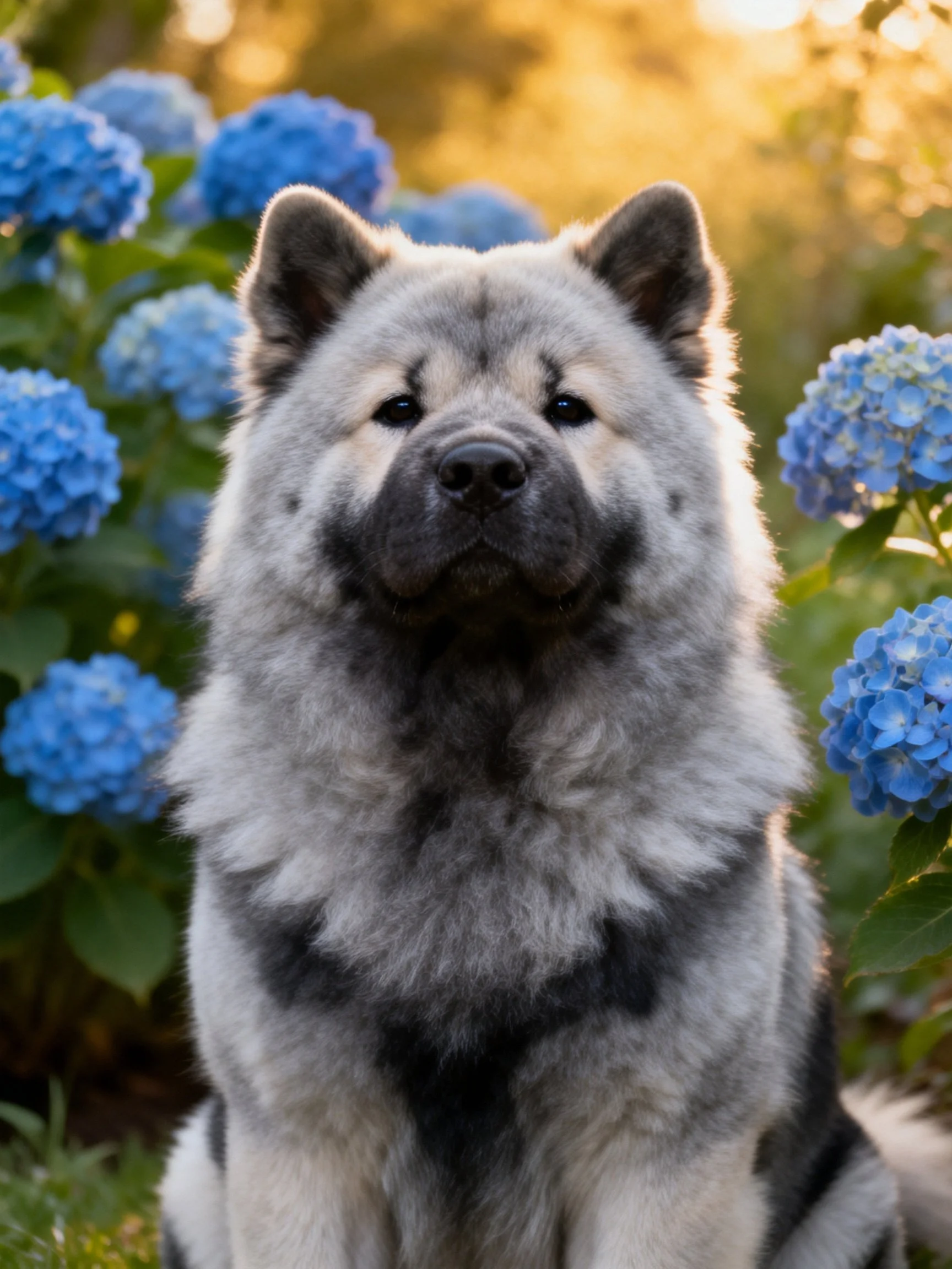 A fluffy gray dog sits amid blue flowers in a sunlit garden.