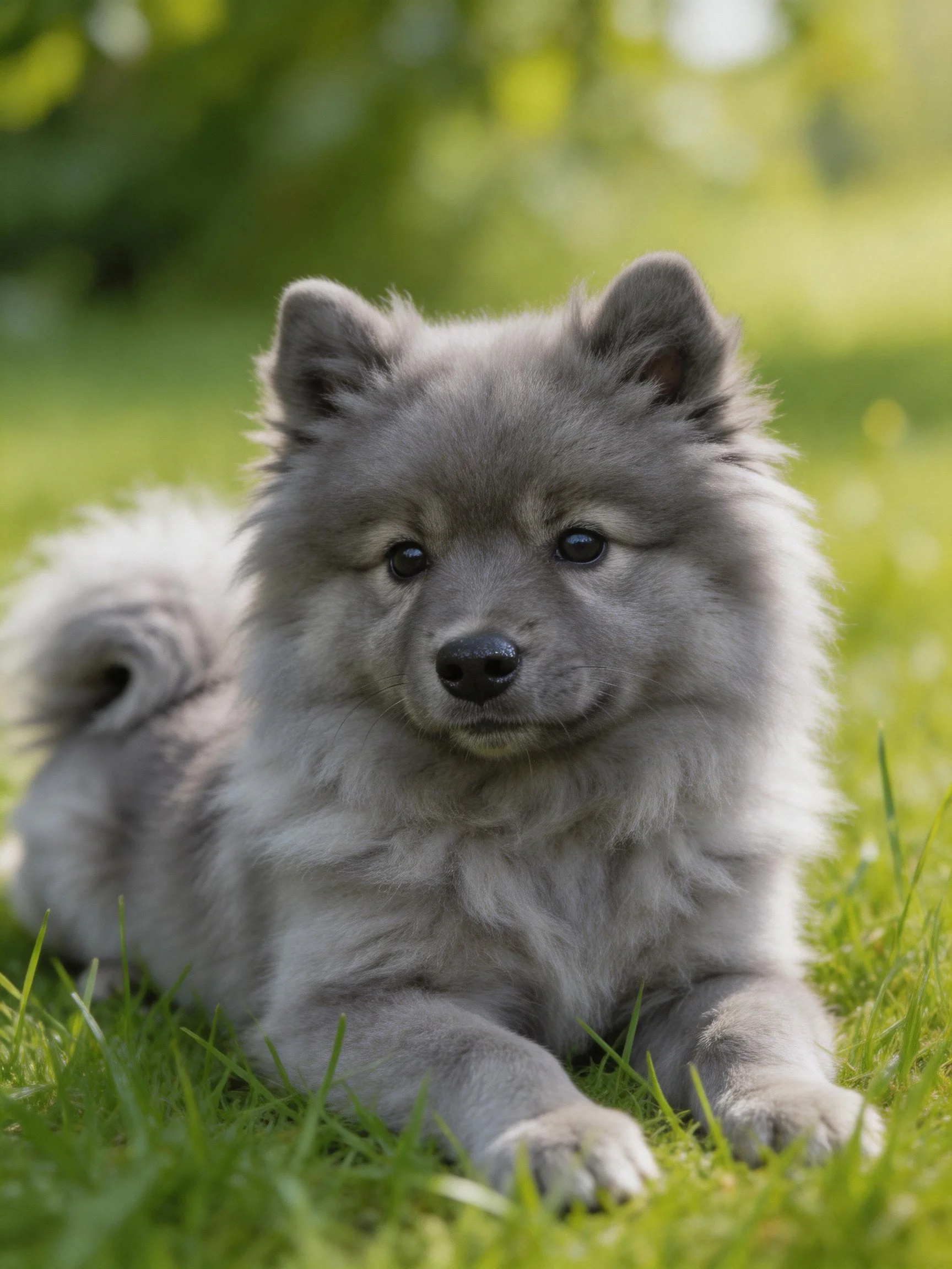 A fluffy gray puppy relaxes on lush green grass in a sunlit outdoor space.