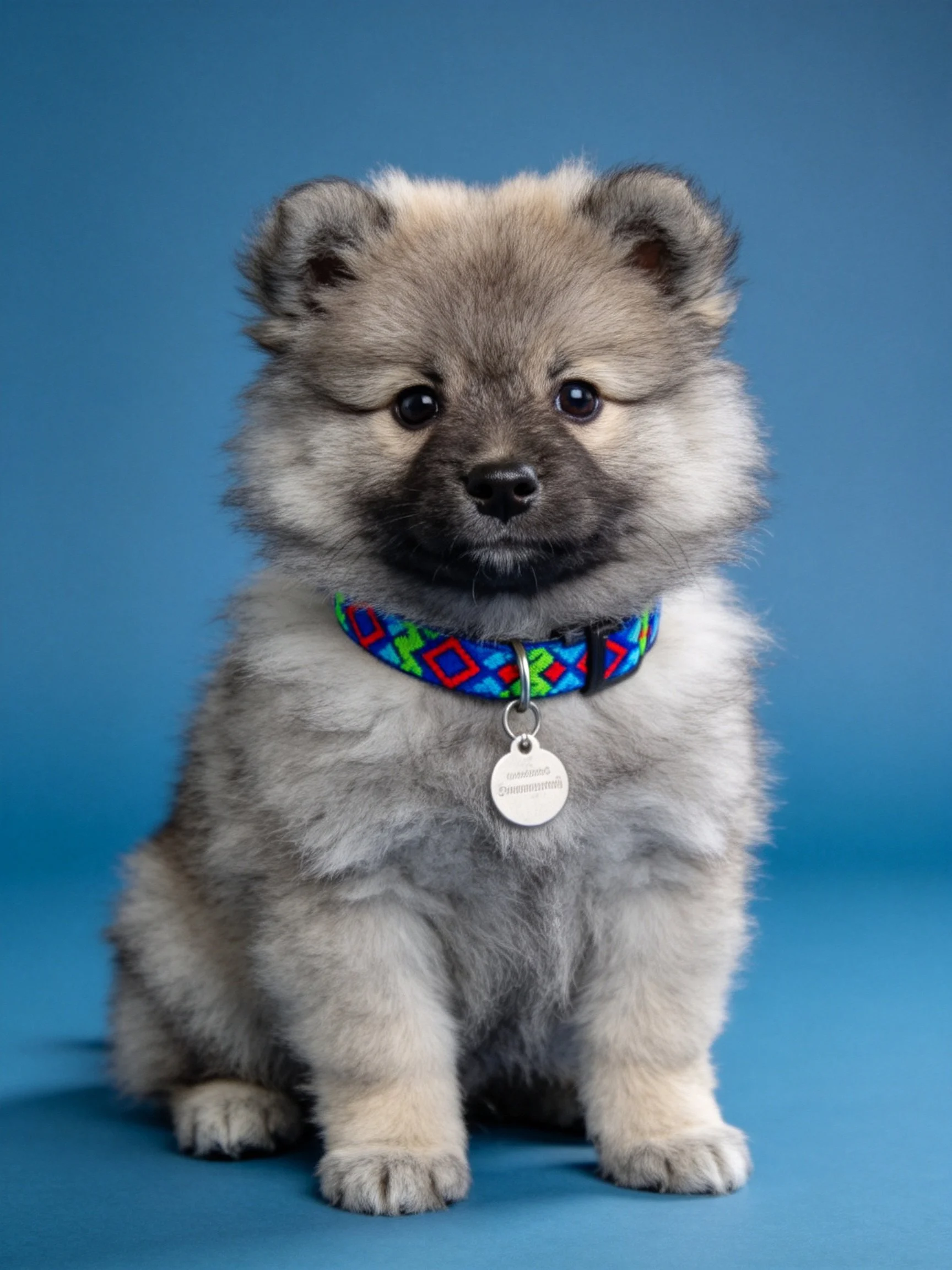 A fluffy gray puppy wearing a colorful collar sits against a solid blue backdrop