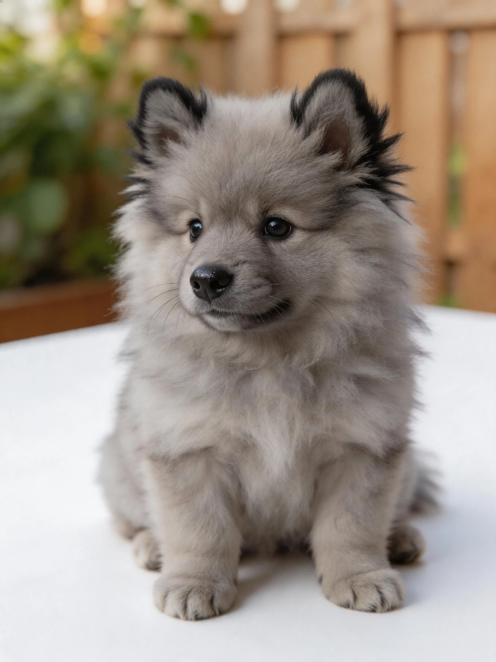 A fluffy gray puppy with black-tipped ears sits calmly on a white surface near a wooden fence.
