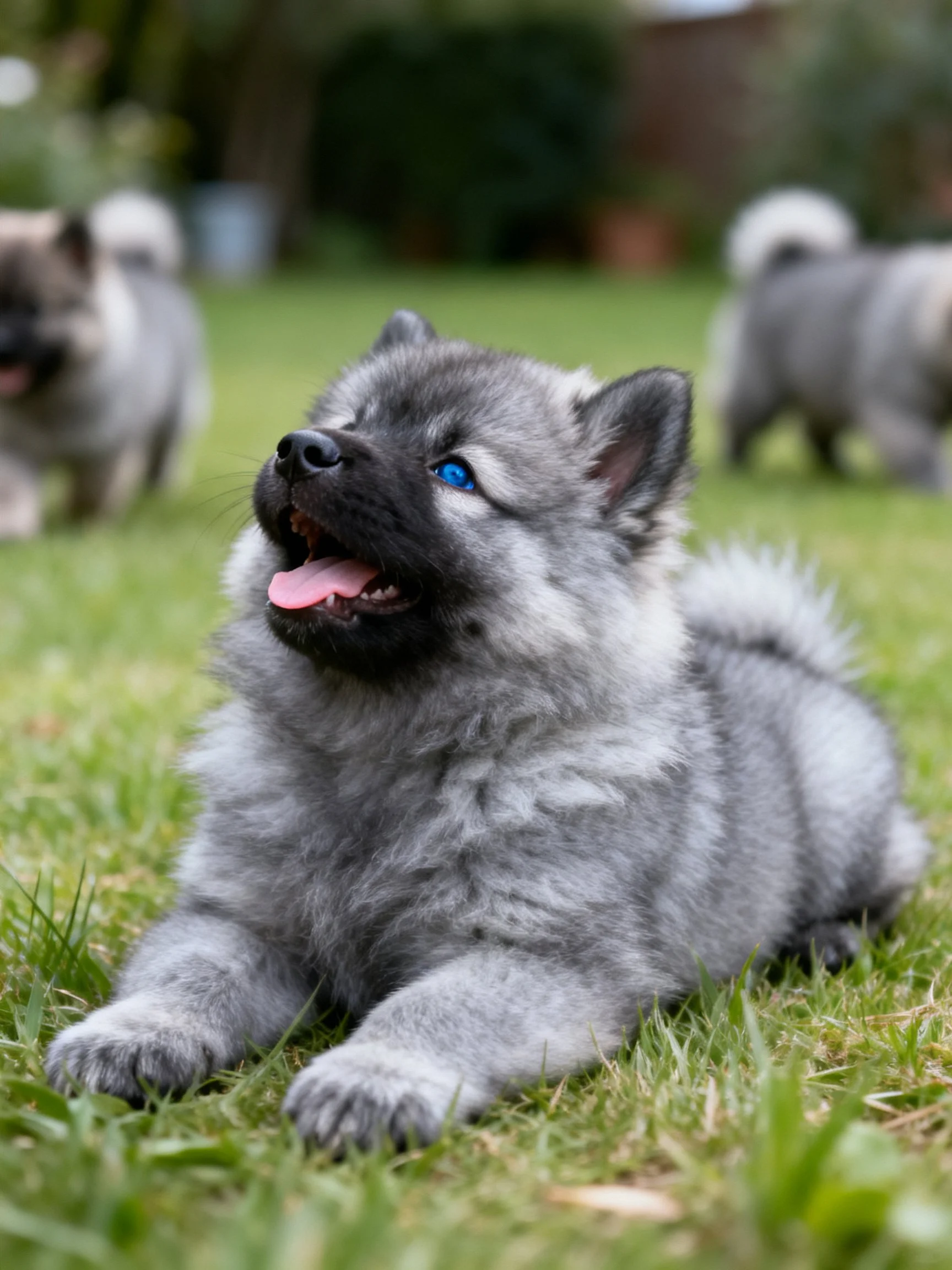 A gray puppy with blue eyes relaxes on grass while other puppies are nearby