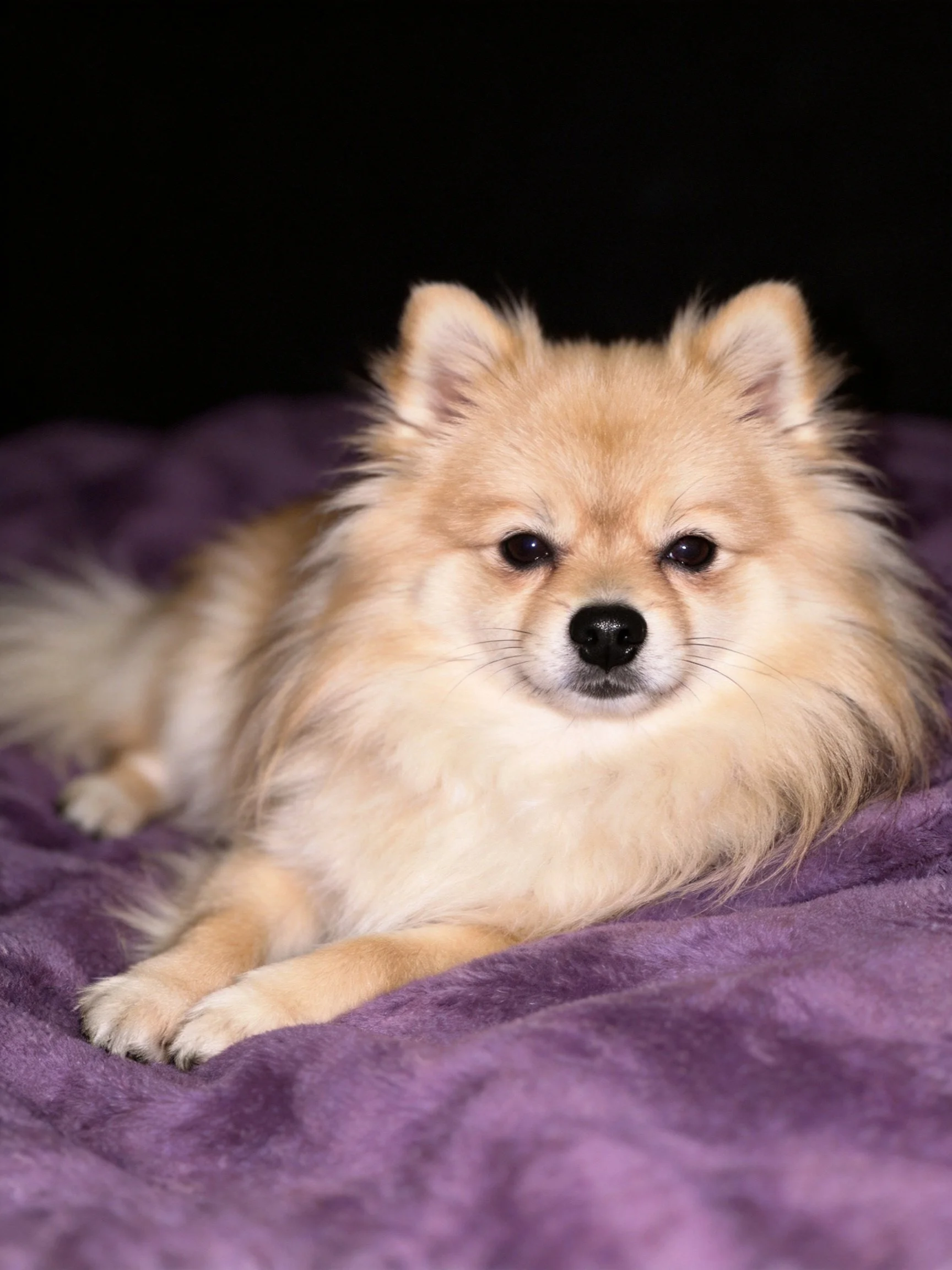 A small, fluffy light brown dog rests on a purple blanket in a dark environment.