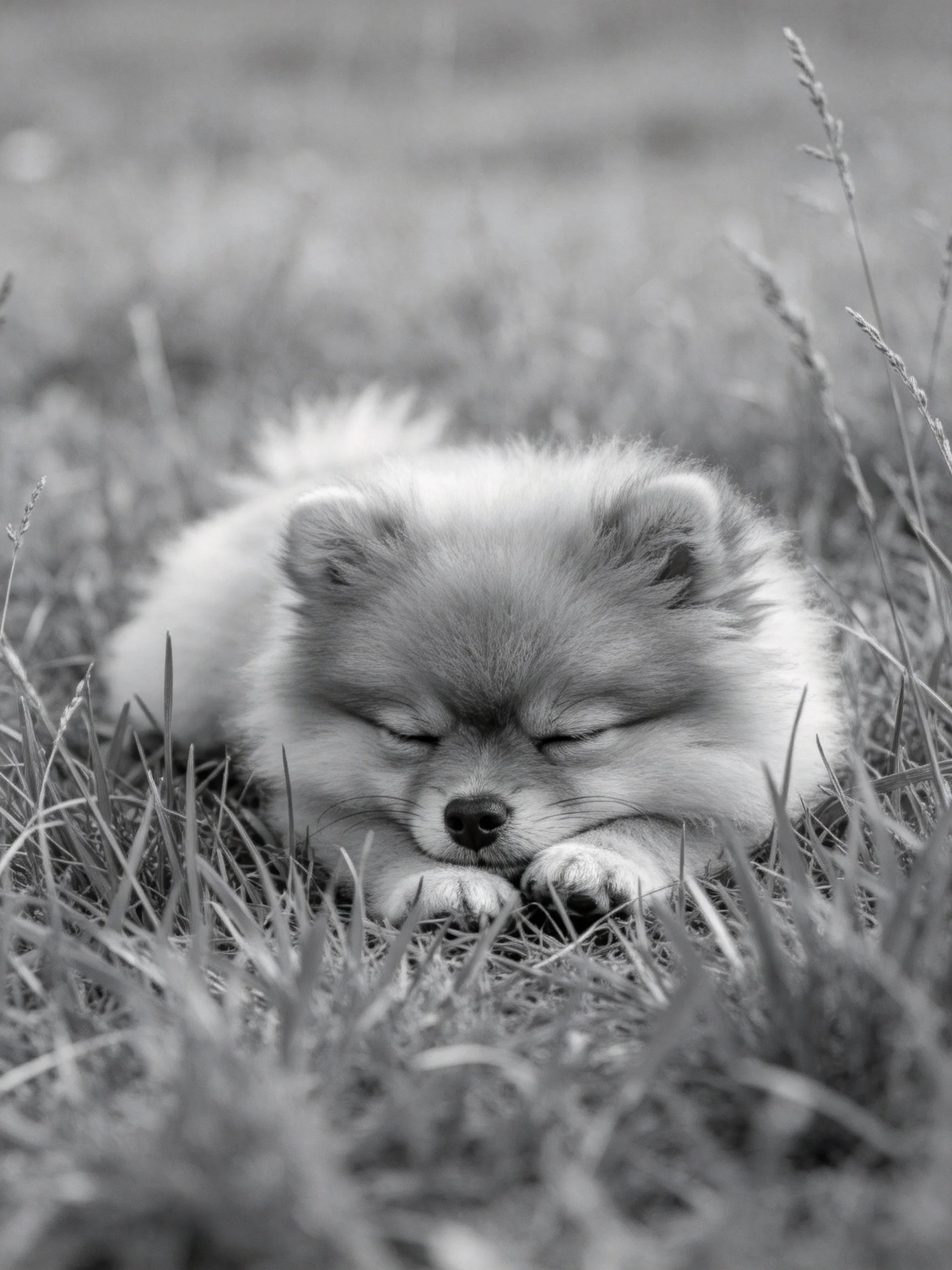 A fluffy puppy sleeps quietly among grass blades in a grayscale photograph.
