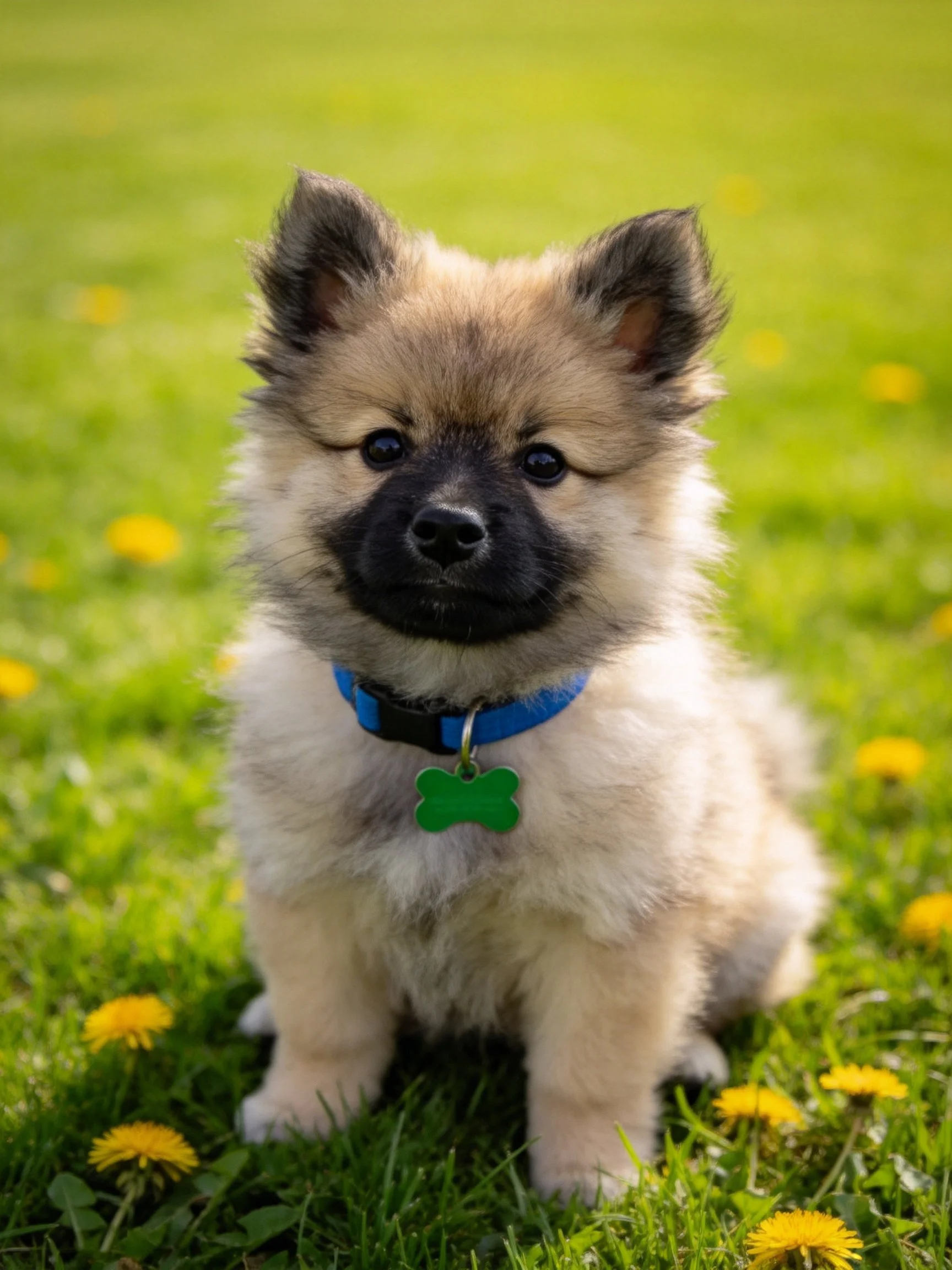 A fluffy puppy sits among yellow dandelions in a sunlit grassy area.