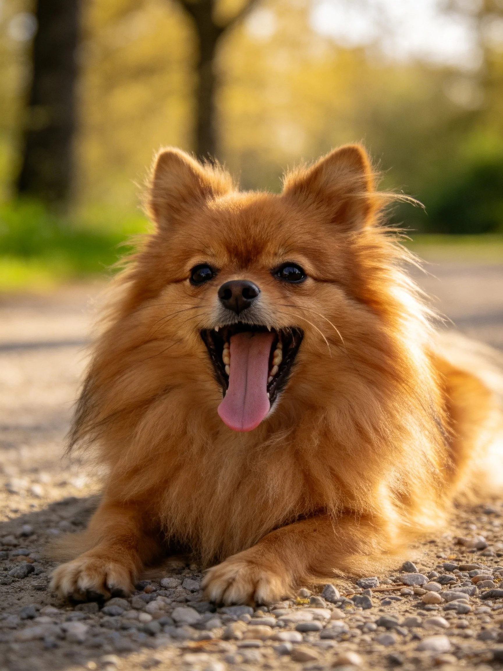 A fluffy reddish -brown Pomeranian resting on a gravel path