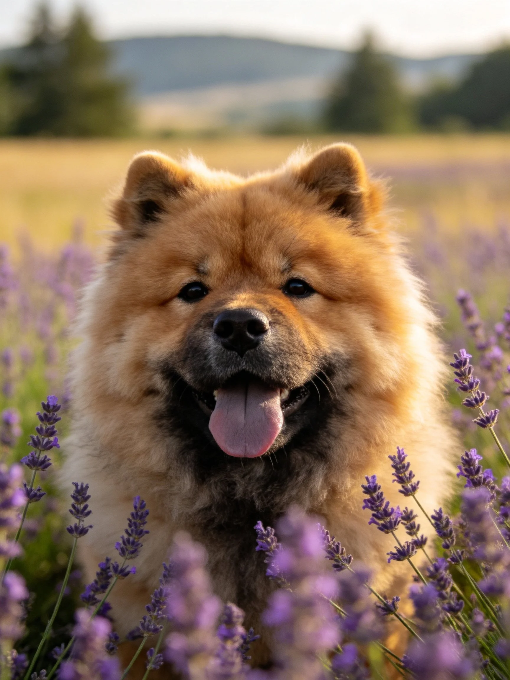 A fluffy tan Chow amidst purple lavender flowers