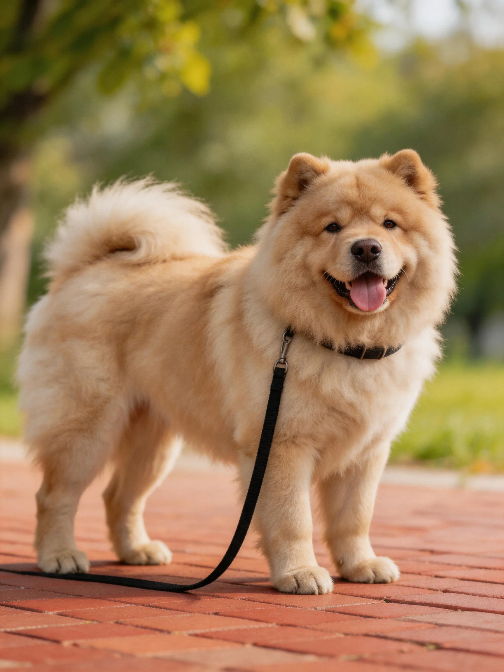 A fluffy tan Chow dog on a brick pathway with a black leash