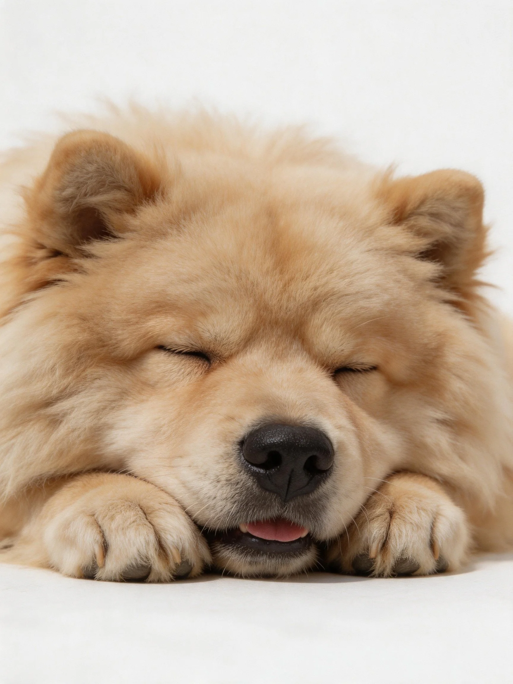 A fluffy tan Chow dog sleeps with eyes closed