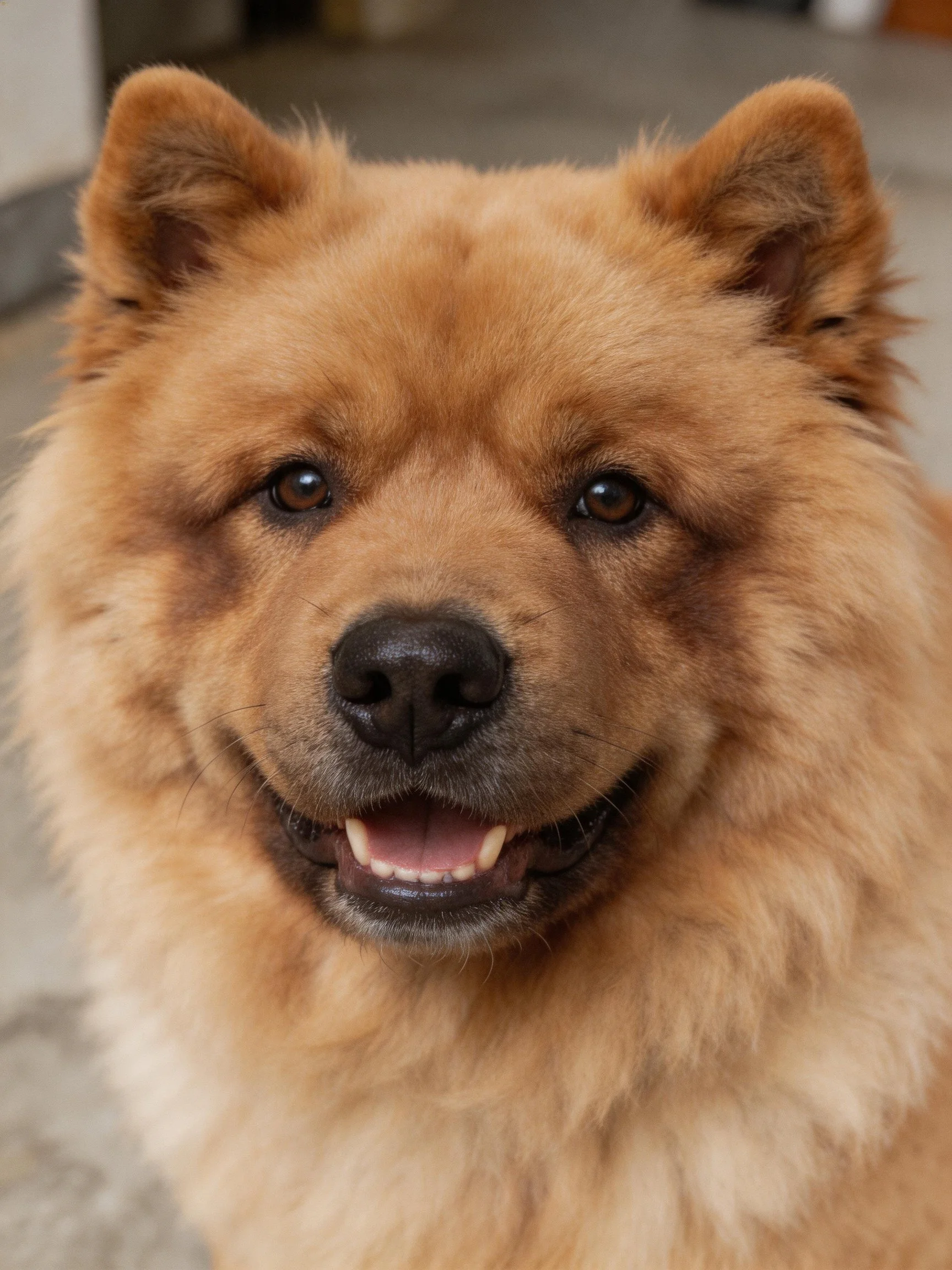 A fluffy tan Chow dog with upright ears