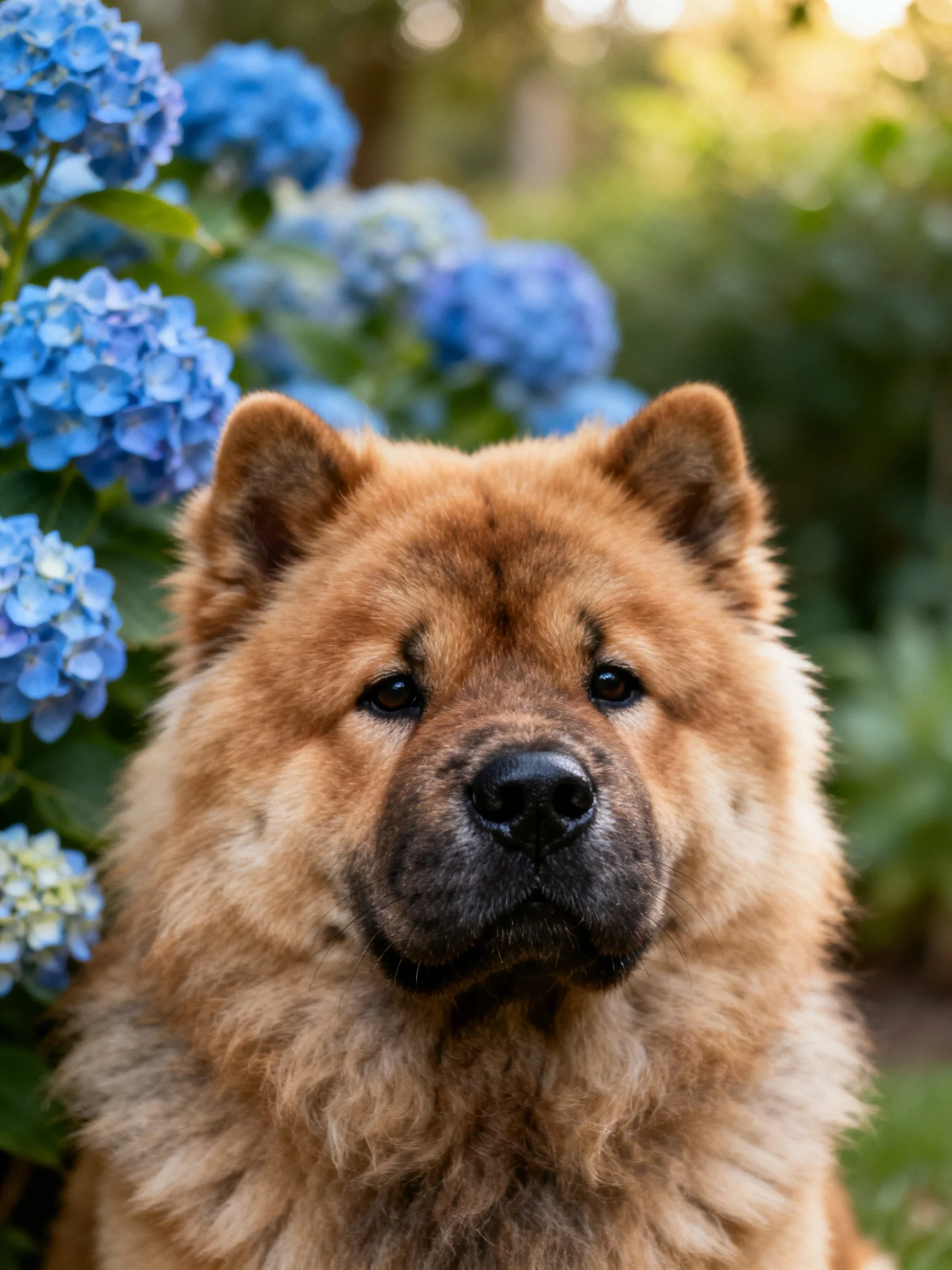 A fluffy tan Chow near vibrant blue hydrangea blooms