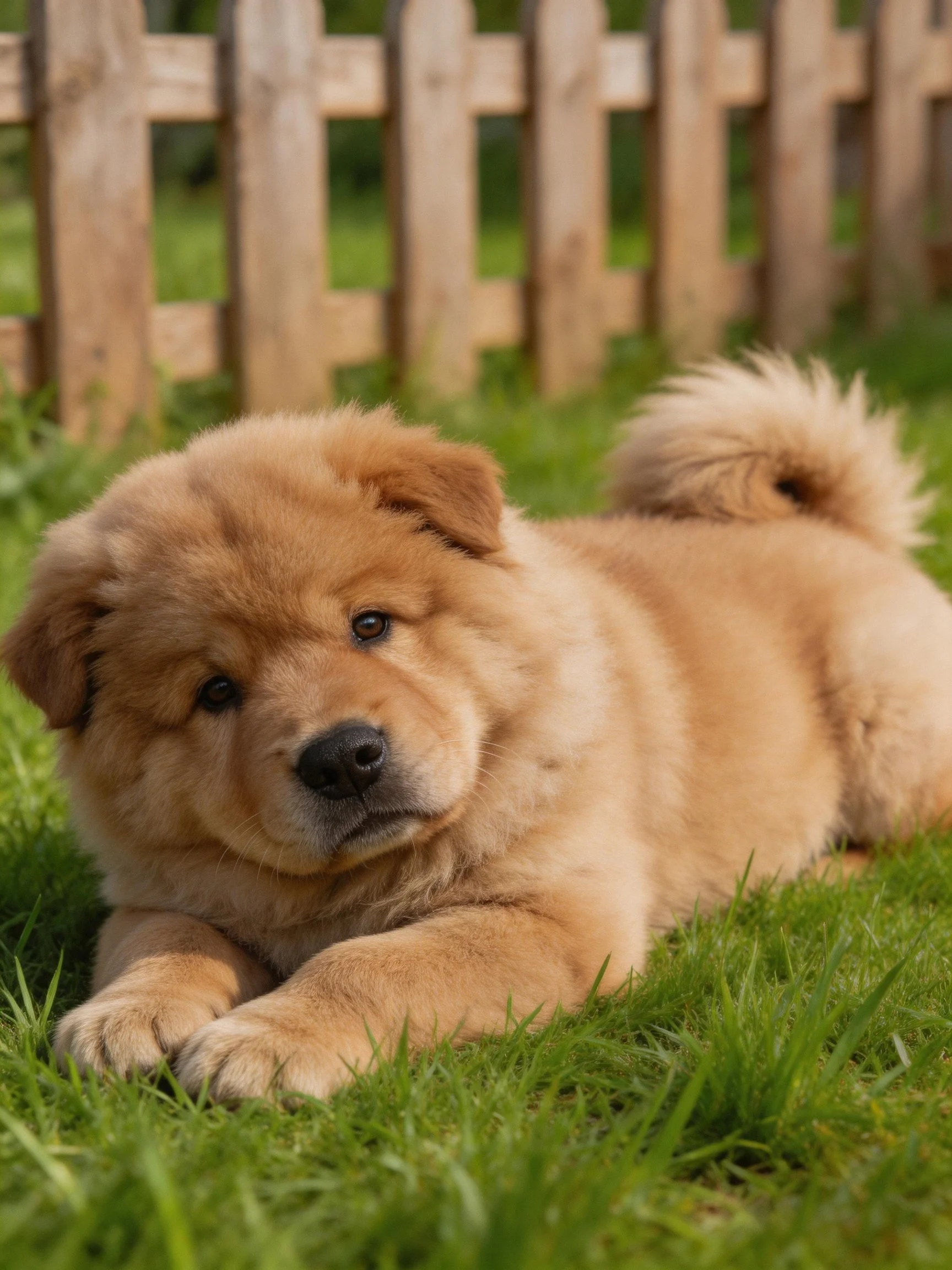 A fluffy tan Chow puppy resting on lush green grass near a wooden fence