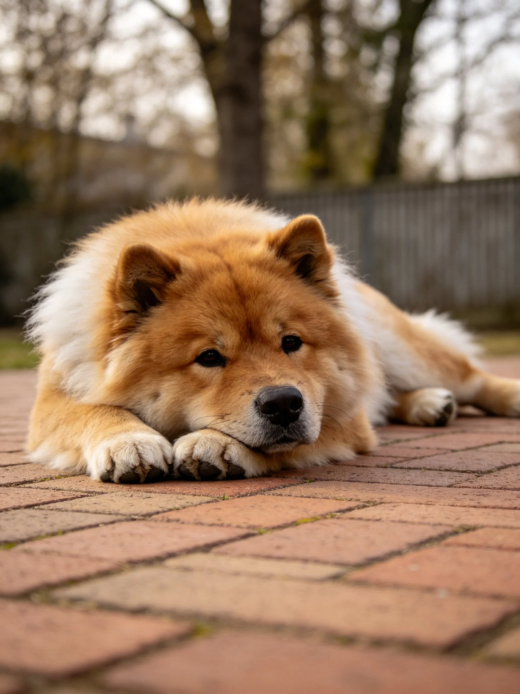 A fluffy tan Chow rests on a reddish-brown brick patio