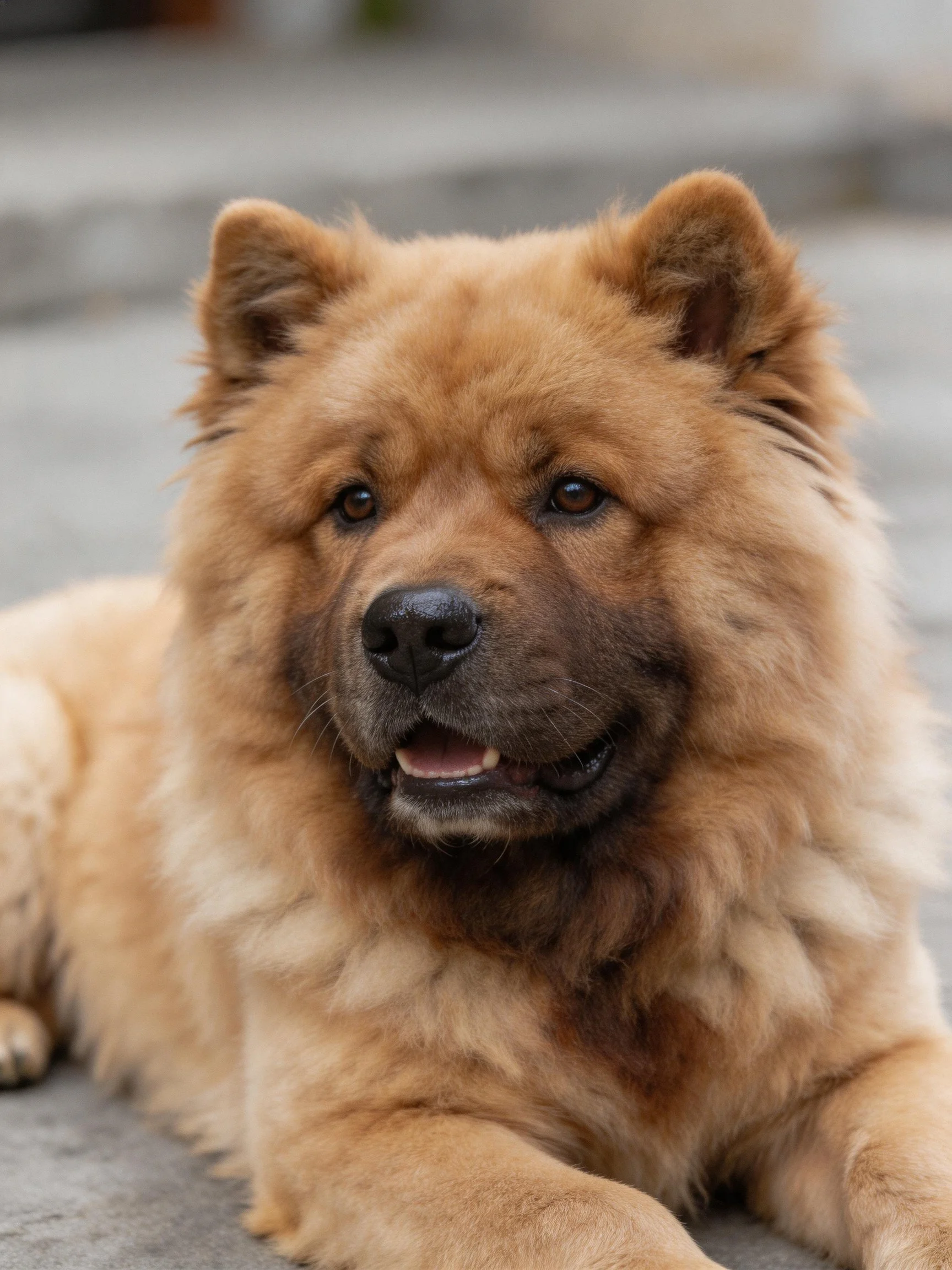 A fluffy tan Chow rests on a smooth concrete surface