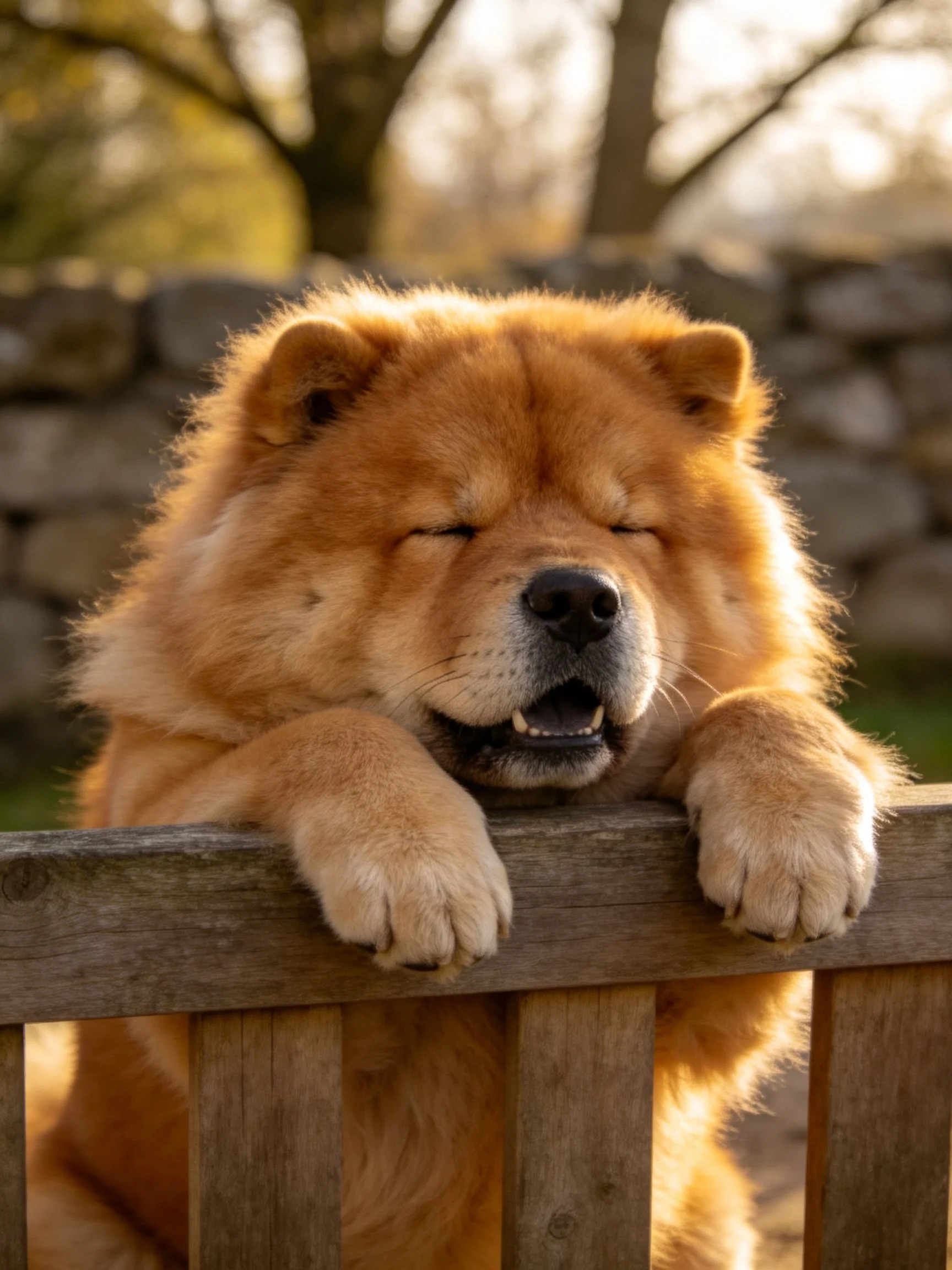 A fluffy tan Chow rests on a wooden fence in soft sunlight