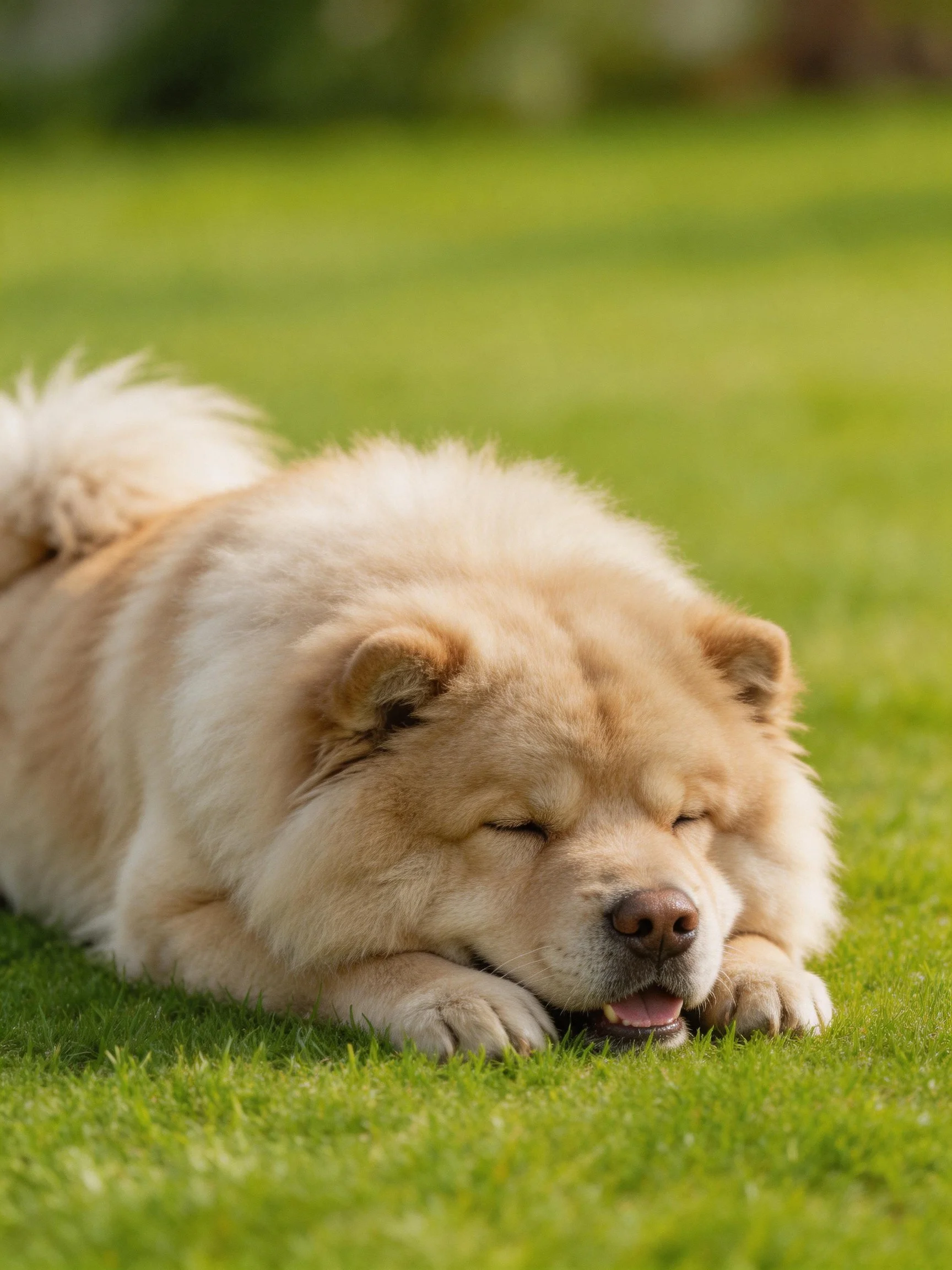 A fluffy tan Chow rests on vibrant green grass
