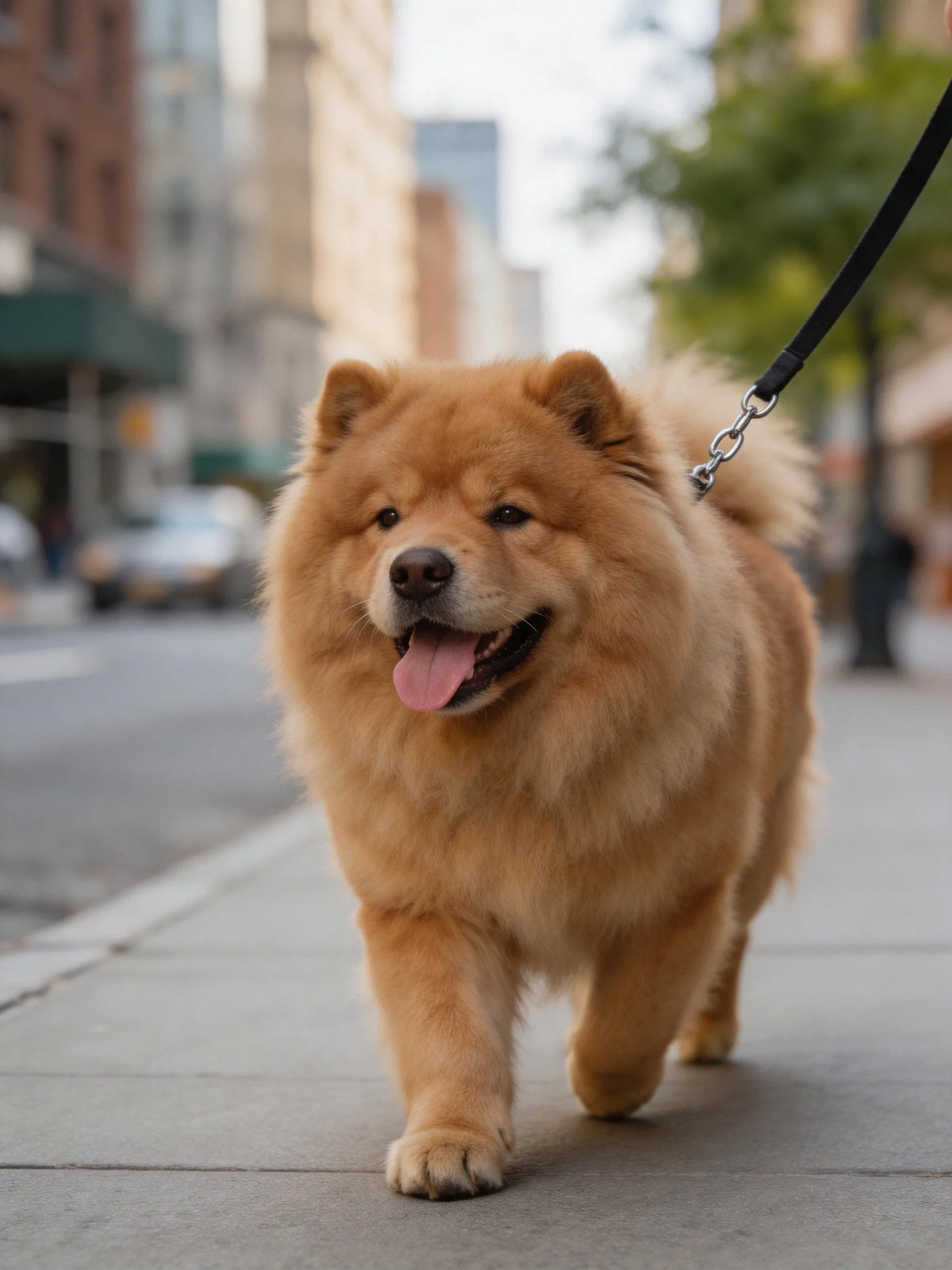 A fluffy tan Chow strolls on a city sidewalk with a leash