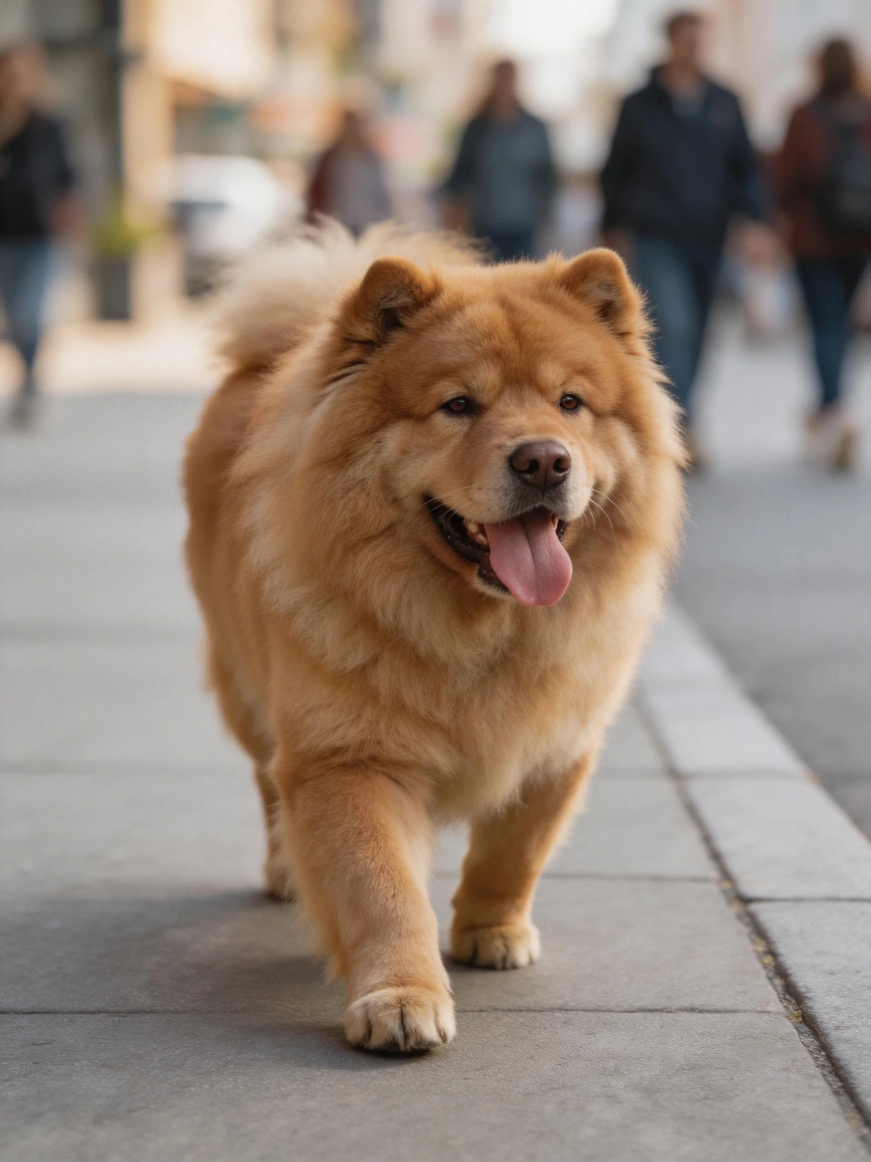 A cheerful Chow dog strolls along a busy city sidewalk.