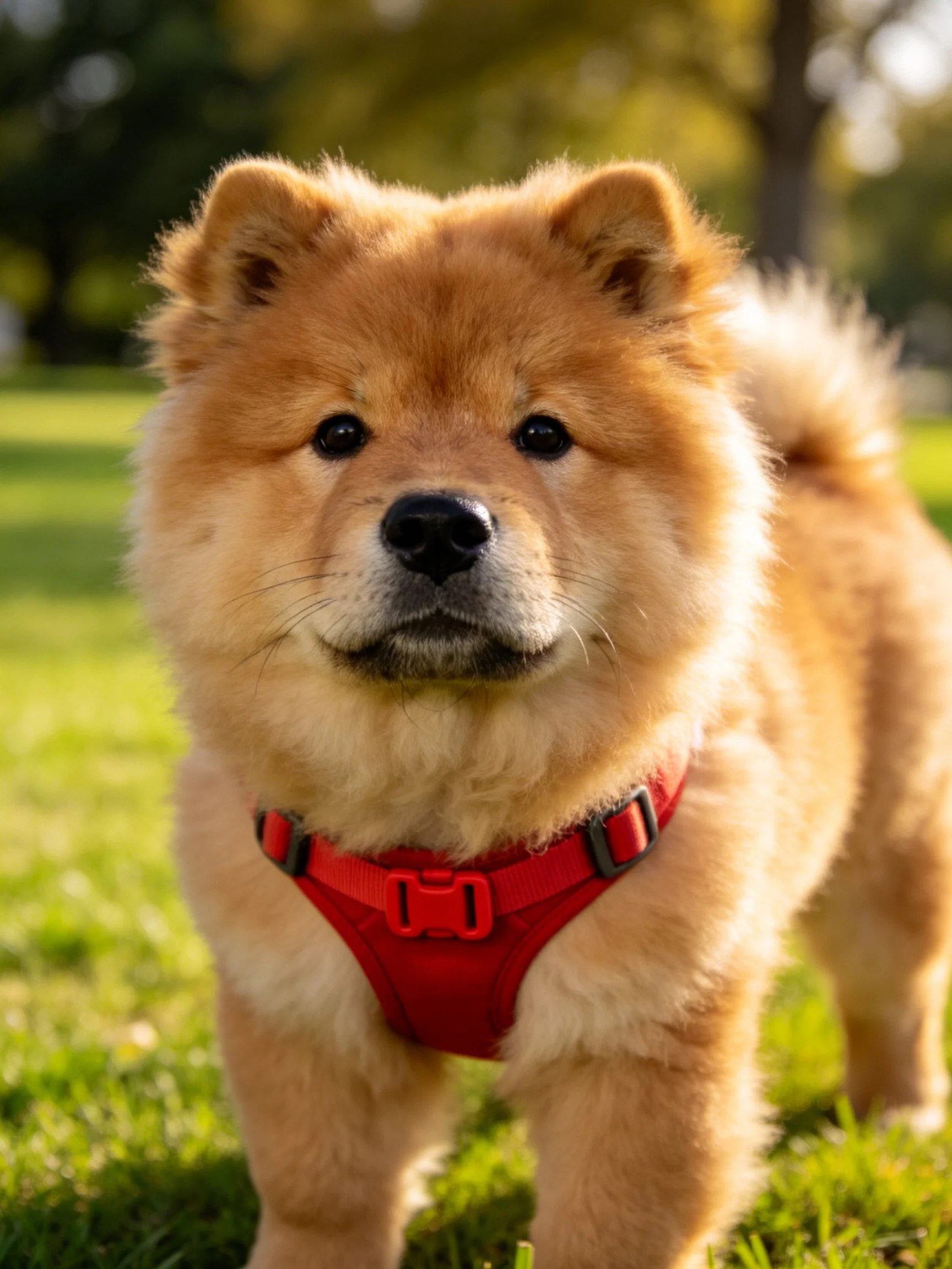 A fluffy tan Chow wearing a red harness stands on grass.