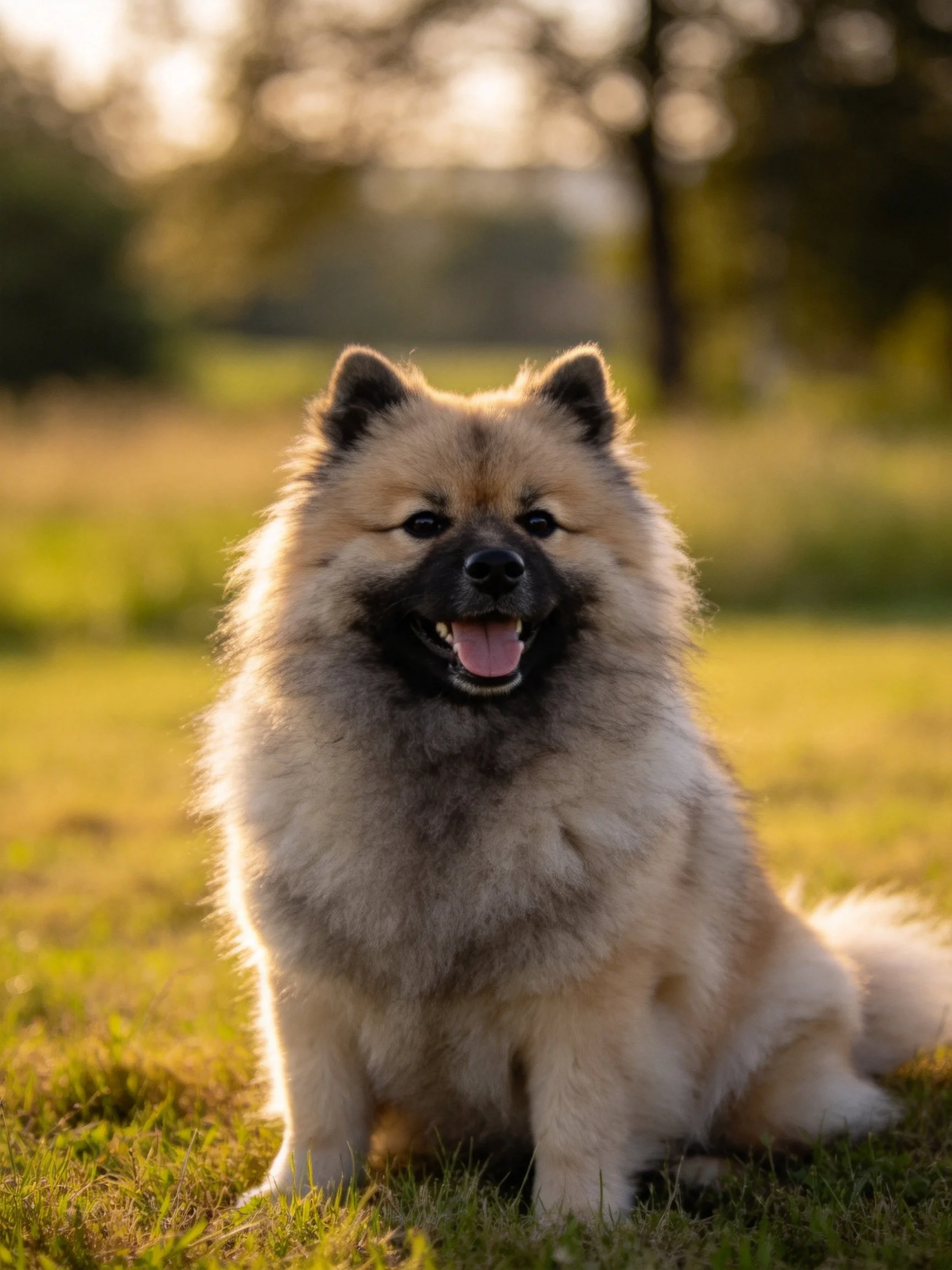 A fluffy tan Keeshond sits contentedly on sunlit grass in an outdoor setting.