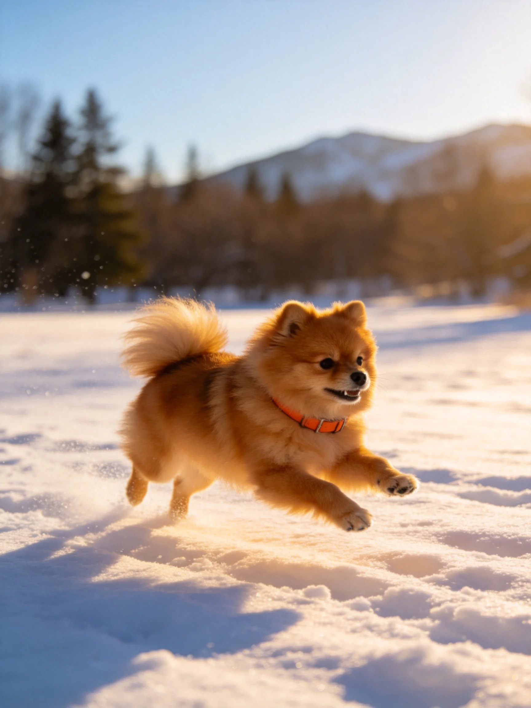 A small brown dog joyfully runs through sunlit snowy terrain.