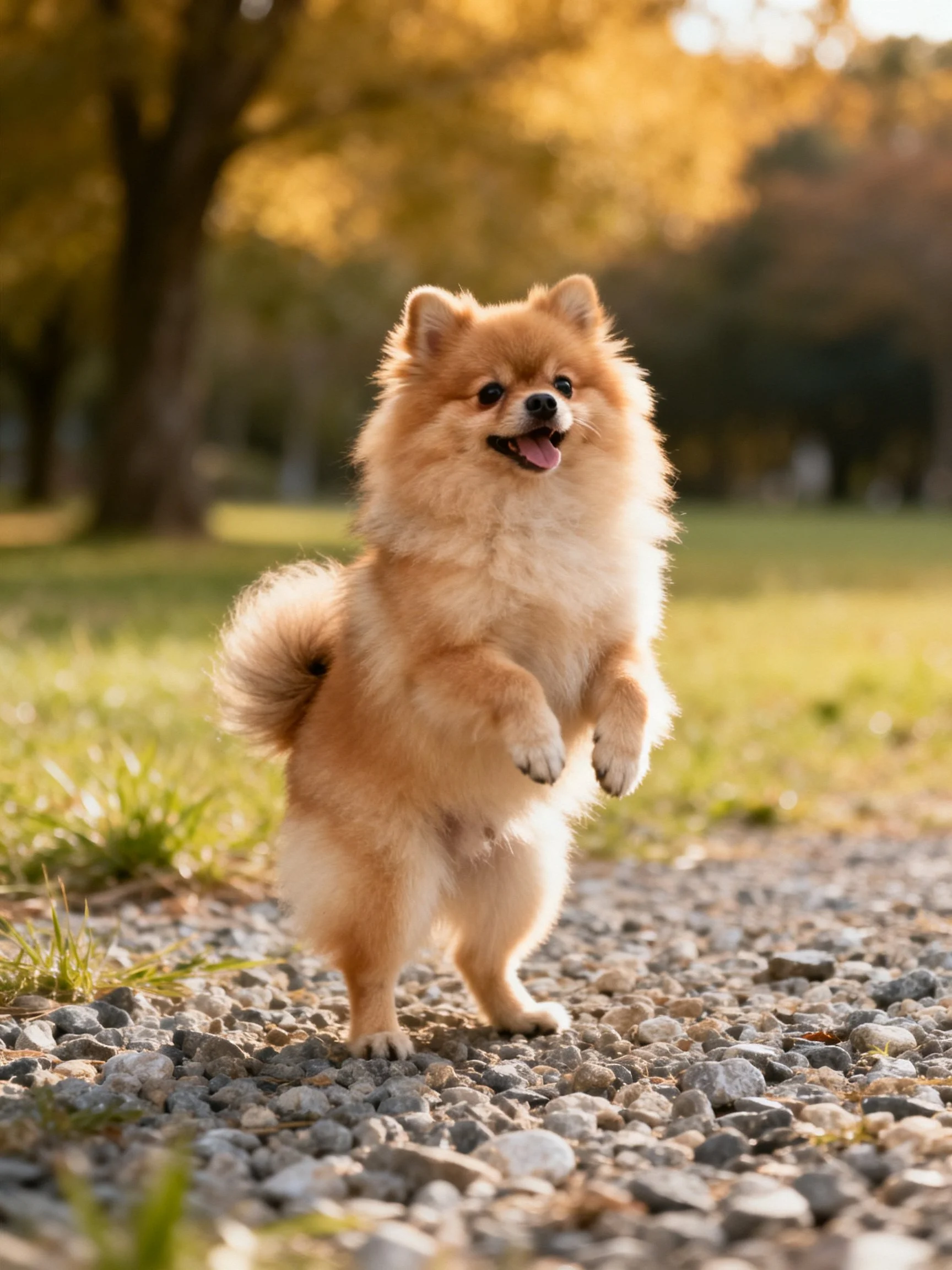 A fluffy tan Pomeranian stands on hind legs on a gravel path in a sunlit outdoor area.