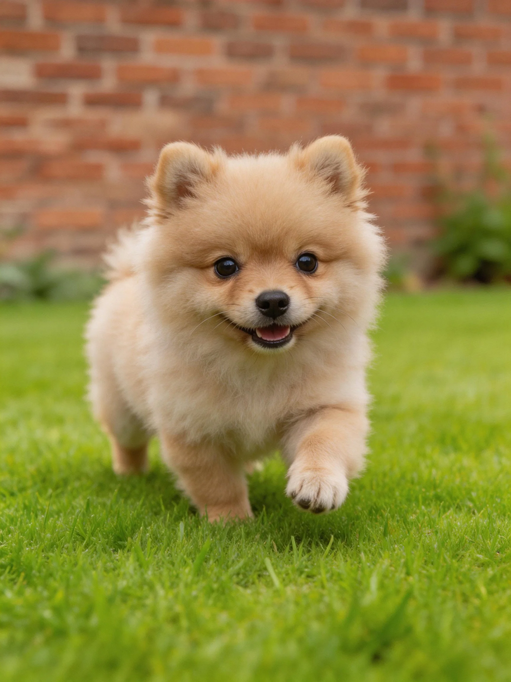 A fluffy tan Pomeranian puppy joyfully runs on green grass near a brick wall