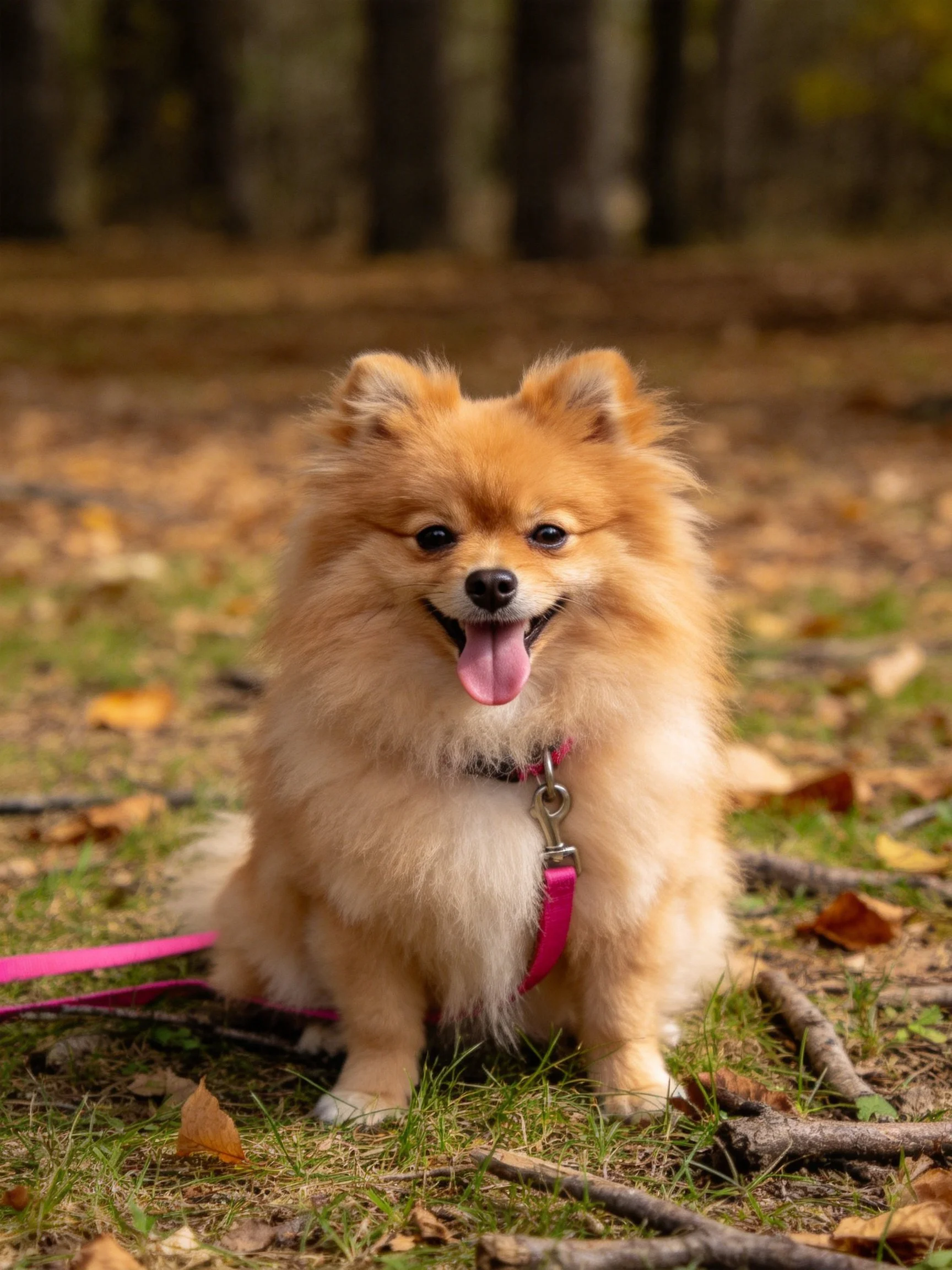 A fluffy tan Pomeranian sits happily among fallen leaves with a pink leash.