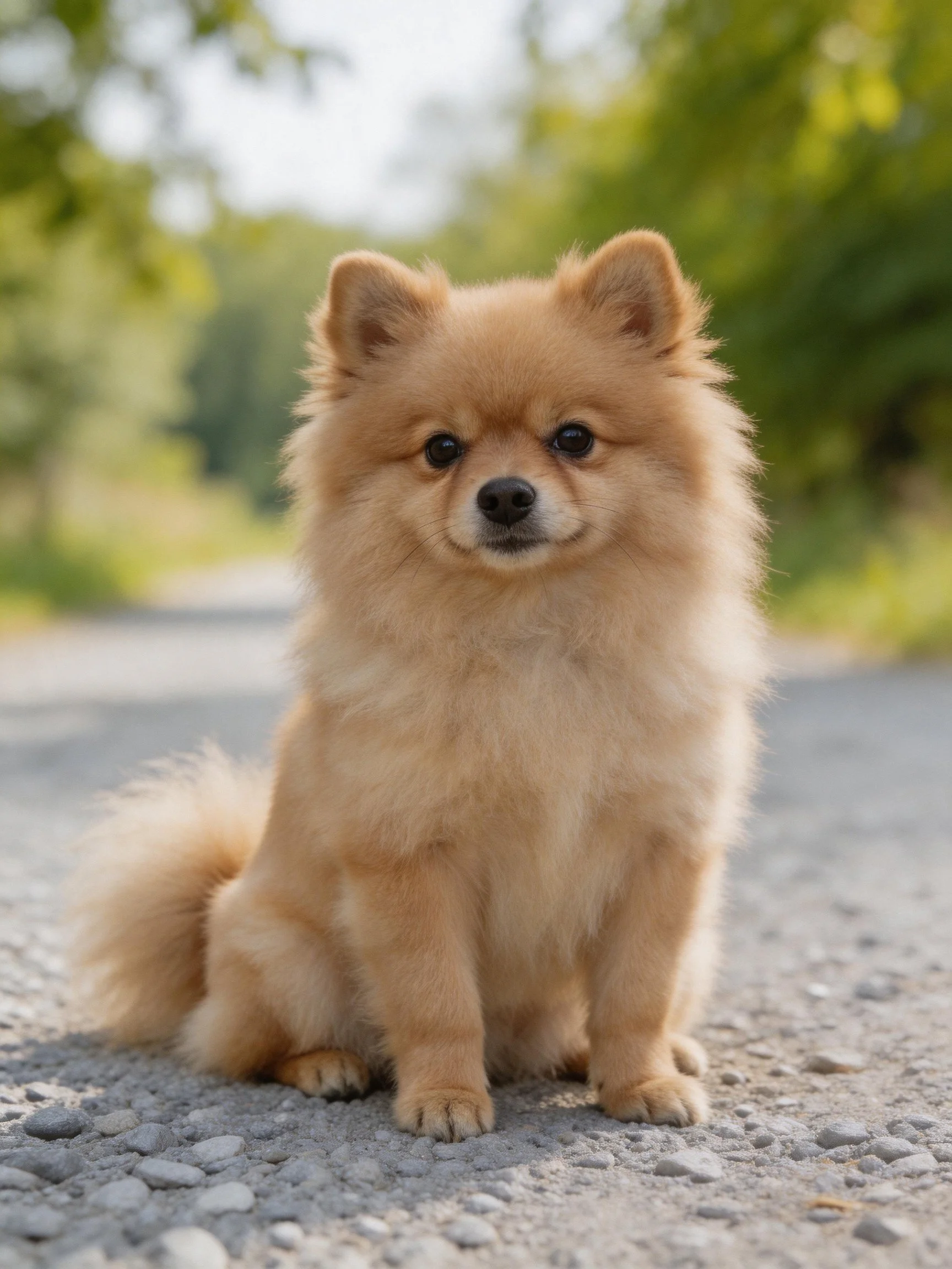 A small tan Pomeranian sits calmly on a gravel path outdoors.